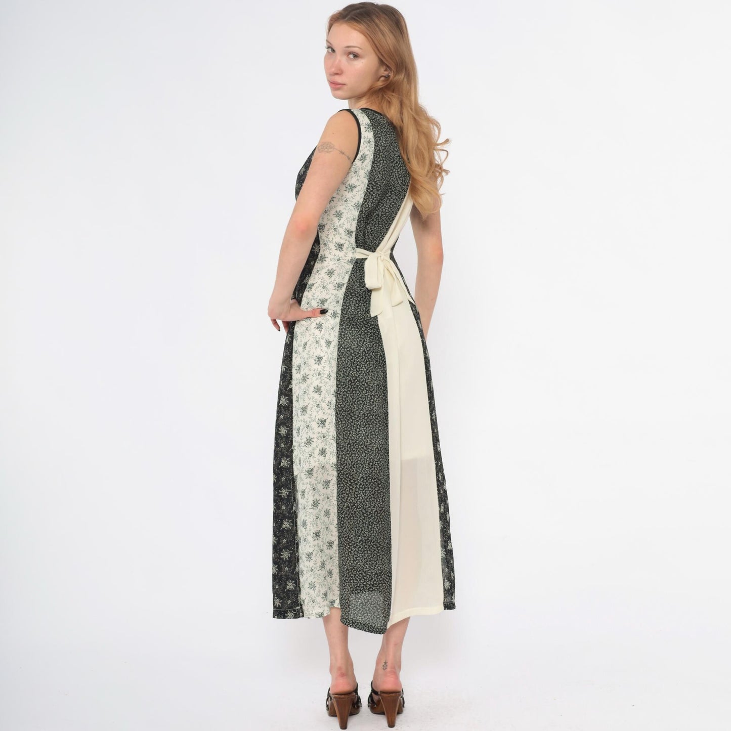 Y2K Maxi Dress Black White Floral Striped Tie Waist Sleeveless Medium M