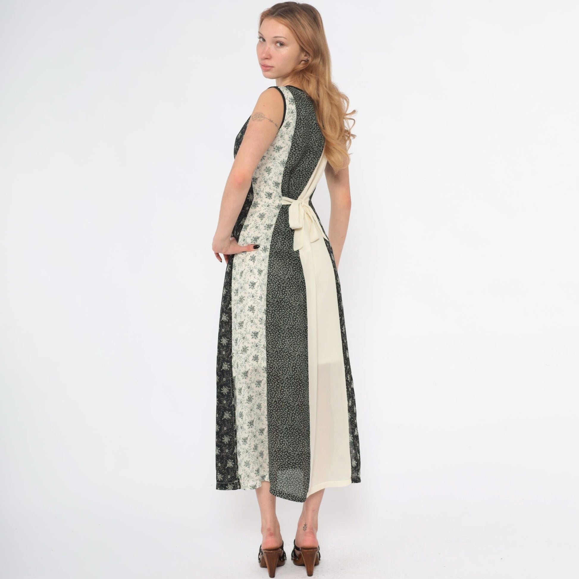 Y2K Maxi Dress Black White Floral Striped Tie Waist Sleeveless Medium M