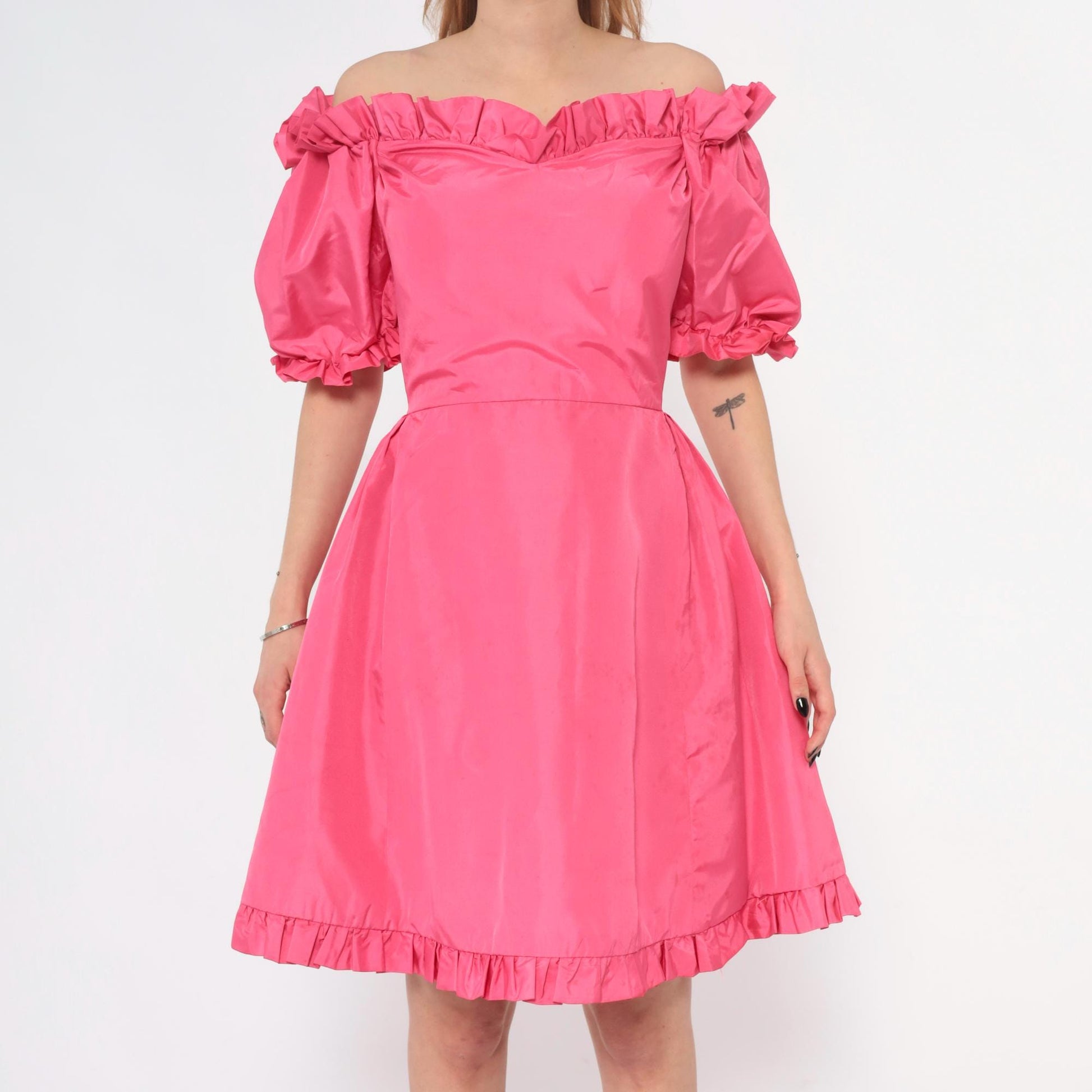 70s Hot Pink Off-Shoulder Puff Sleeve Dress Ruffle Hem Extra Small XS