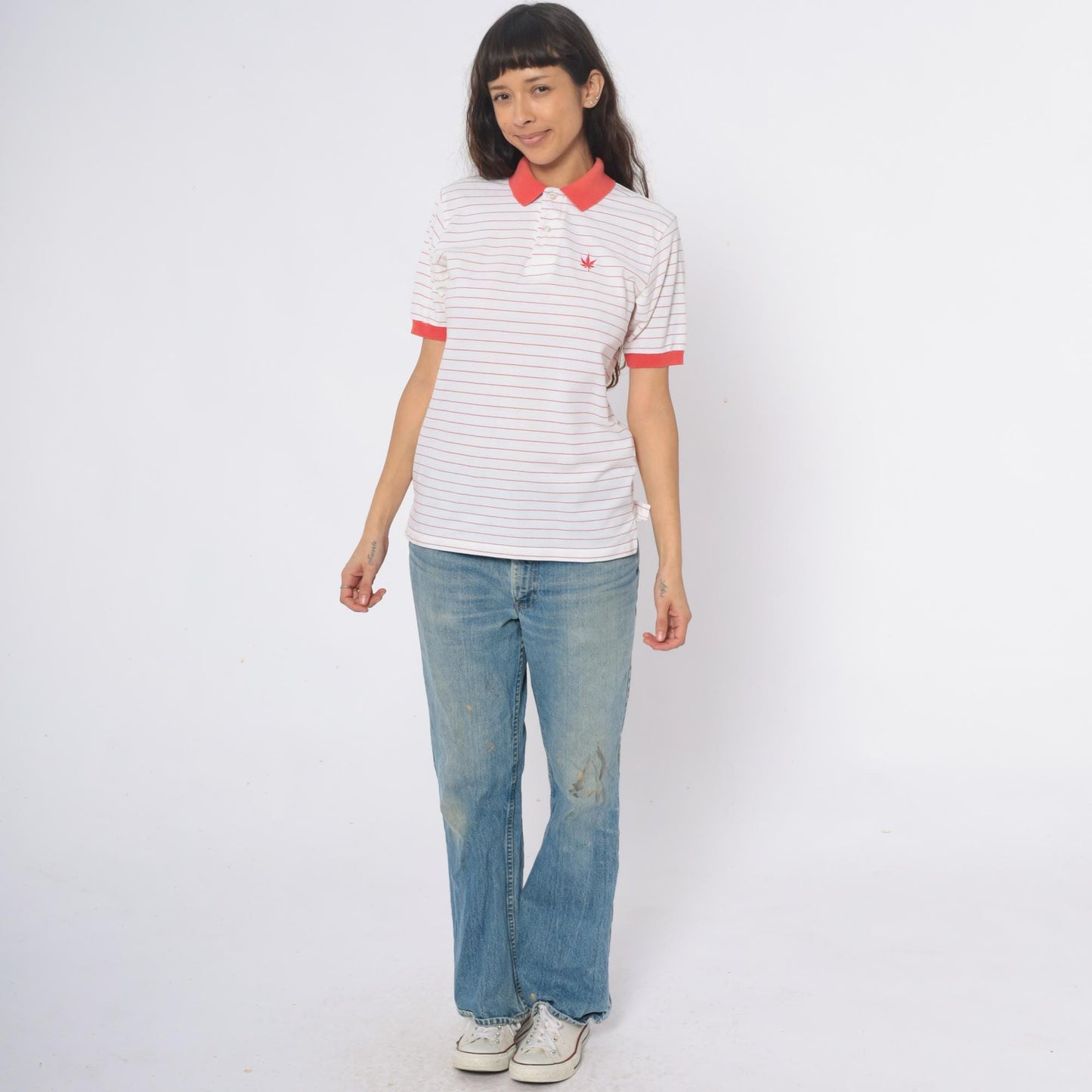 90s Boast Striped Polo Shirt Red White Cannabis Leaf Embroidered Medium
