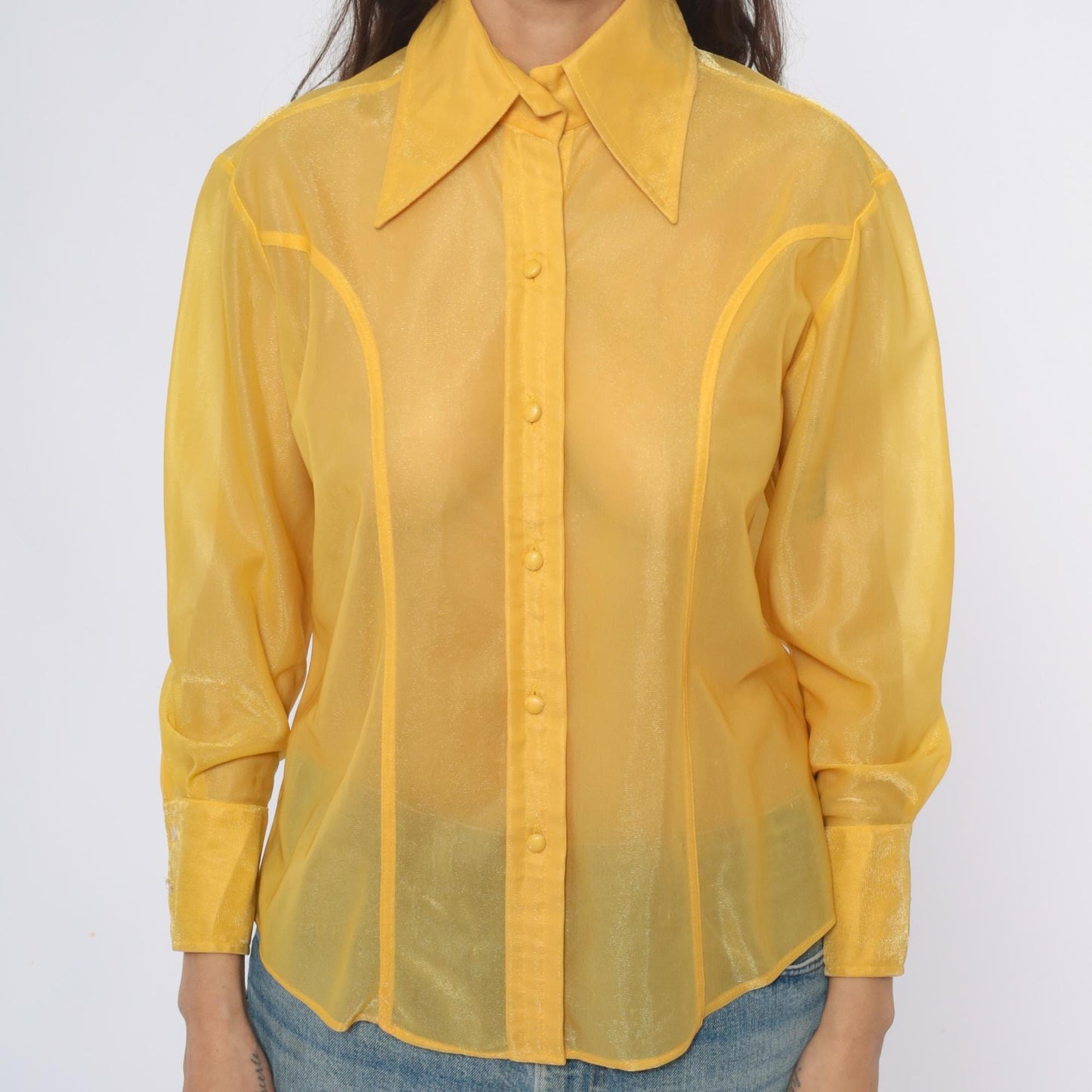 80s Lady Marlboro Yellow Nylon Blouse Button Front Pointed Collar Medium