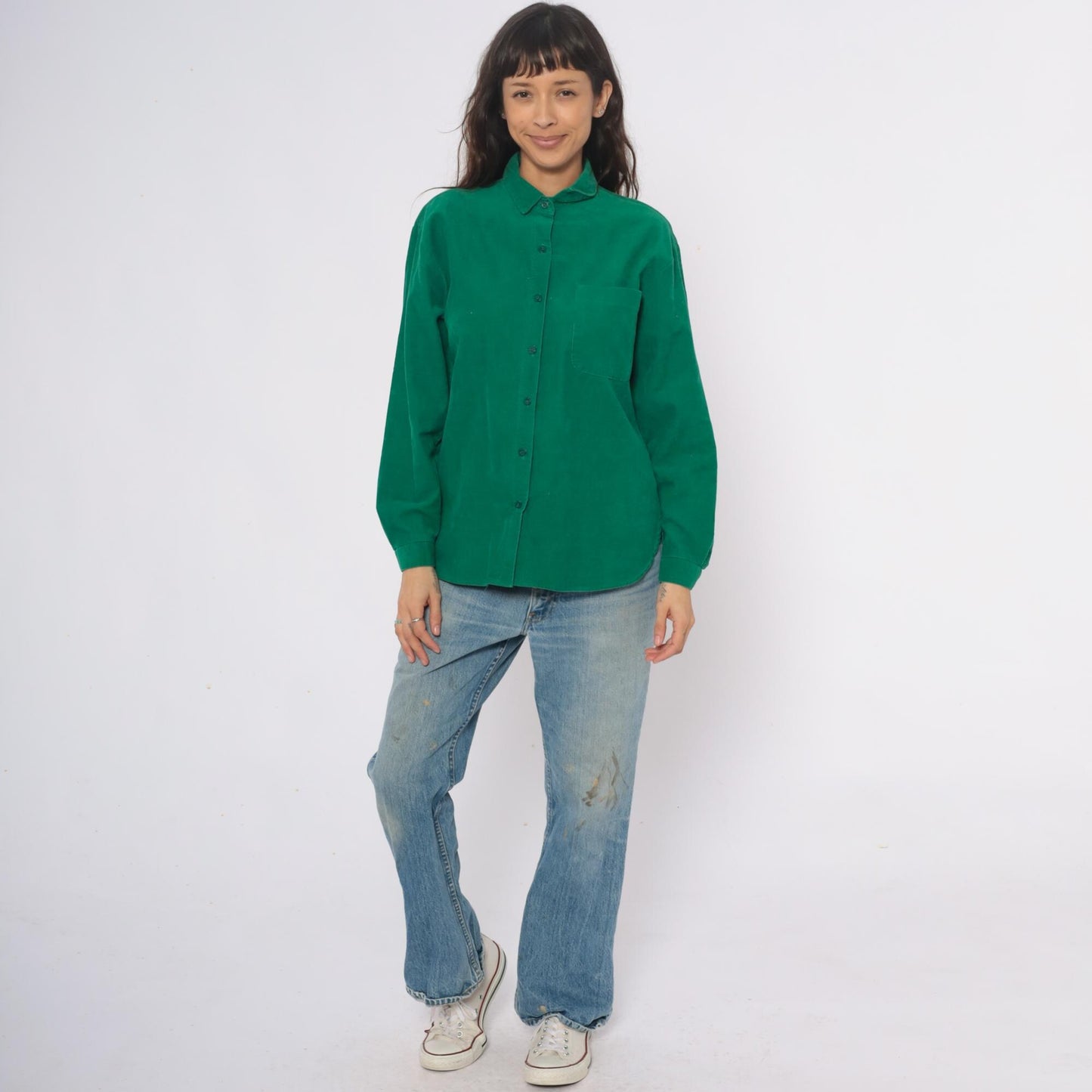 80s Hang Ten Emerald Green Corduroy Shirt Button-Up Long Sleeve Large L