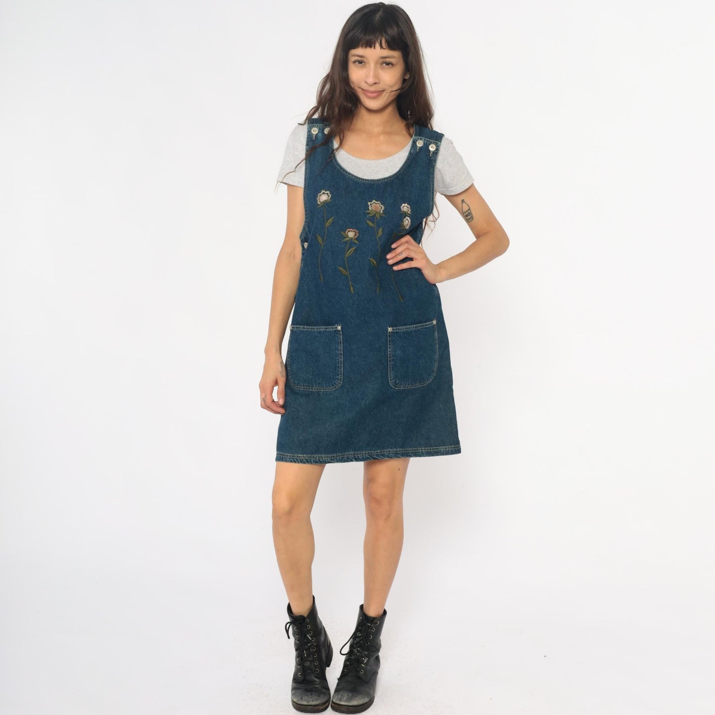 90s Floral Embroidered Denim Jumper Dress Blue Jean Pinafore Medium M