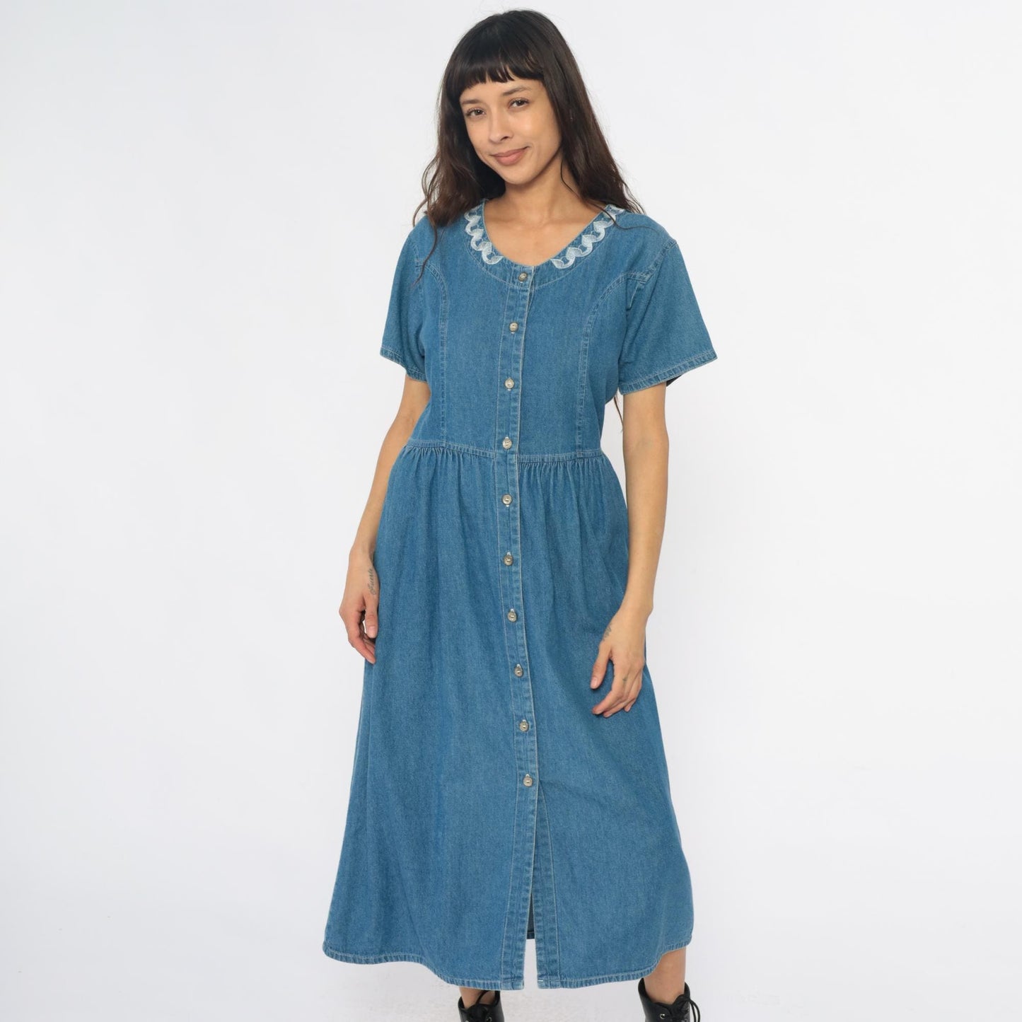90s G.S. Denims Midi Dress Blue Embroidered Collar Gathered Waist Large L