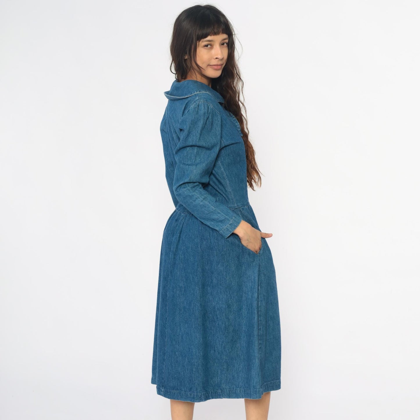 90s All Week Long Denim Shirtdress Blue Cotton Peter Pan Collar Medium