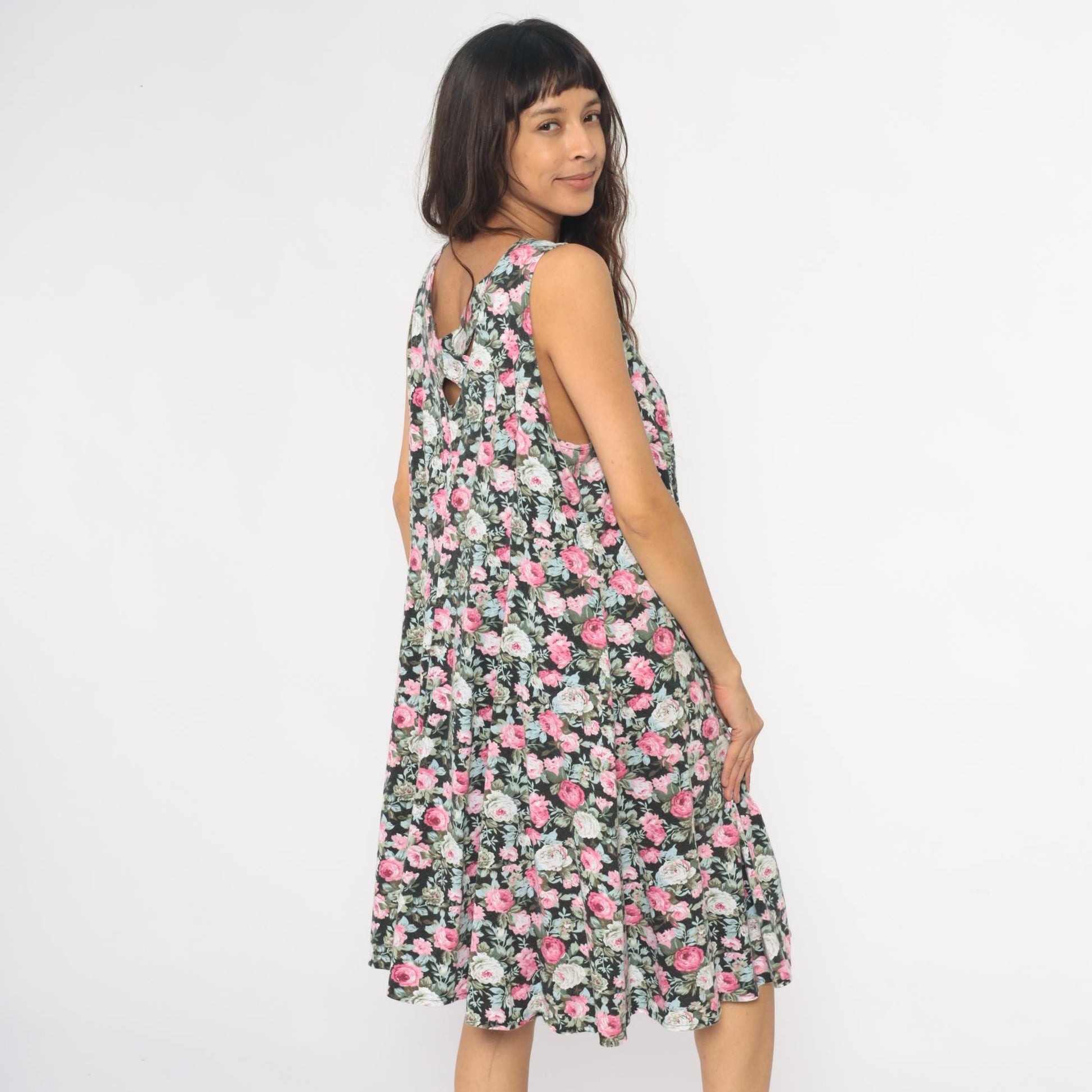 90s Lady Dorby Floral Dress Black Pink Rose Print Sleeveless Cutout Large