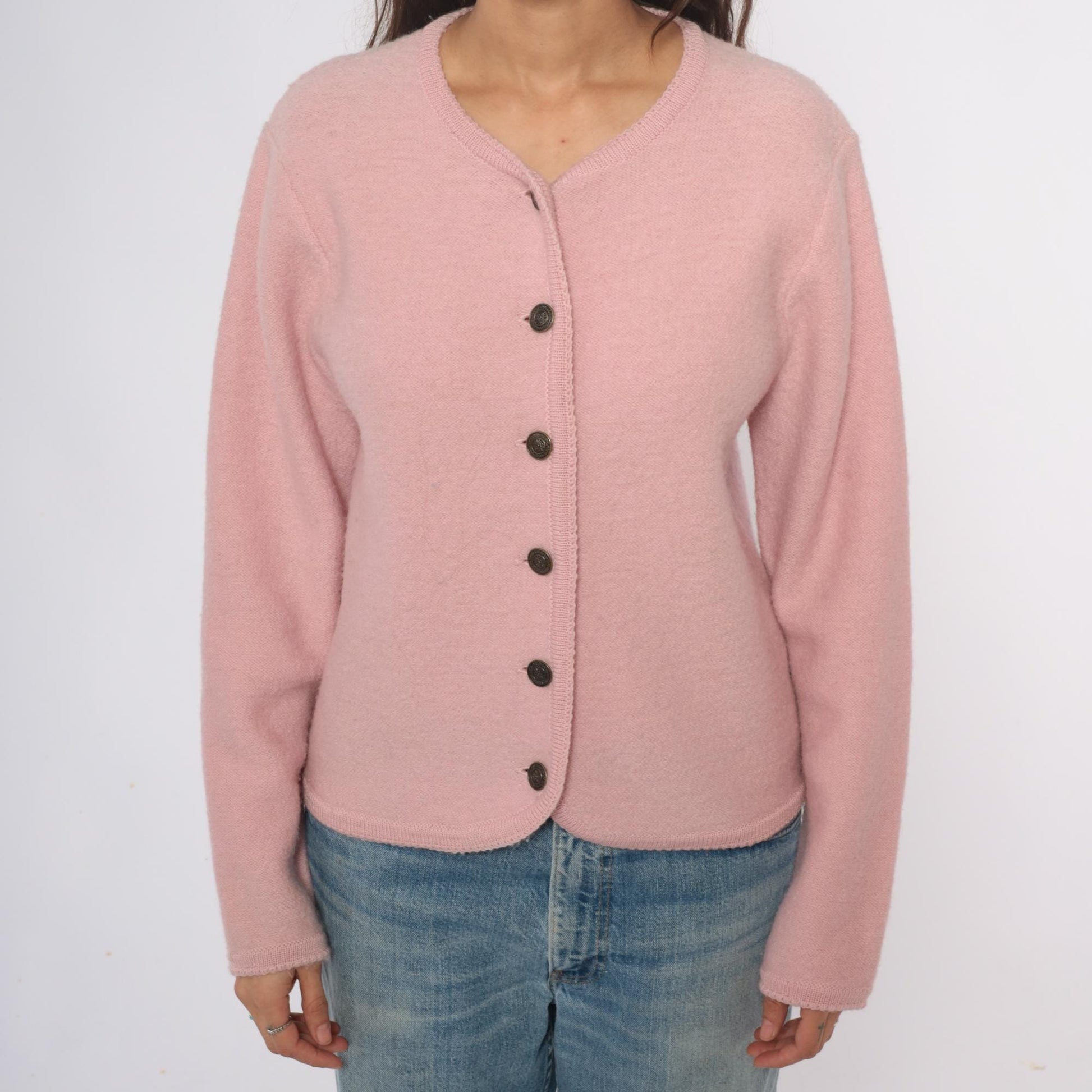 70s Tally Ho Wool Cardigan Pink V-Neck Button Front Medium