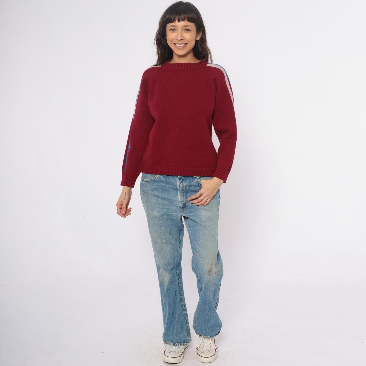 80s Cortina Burgundy Wool Sweater Stripe Raglan Crewneck Medium M