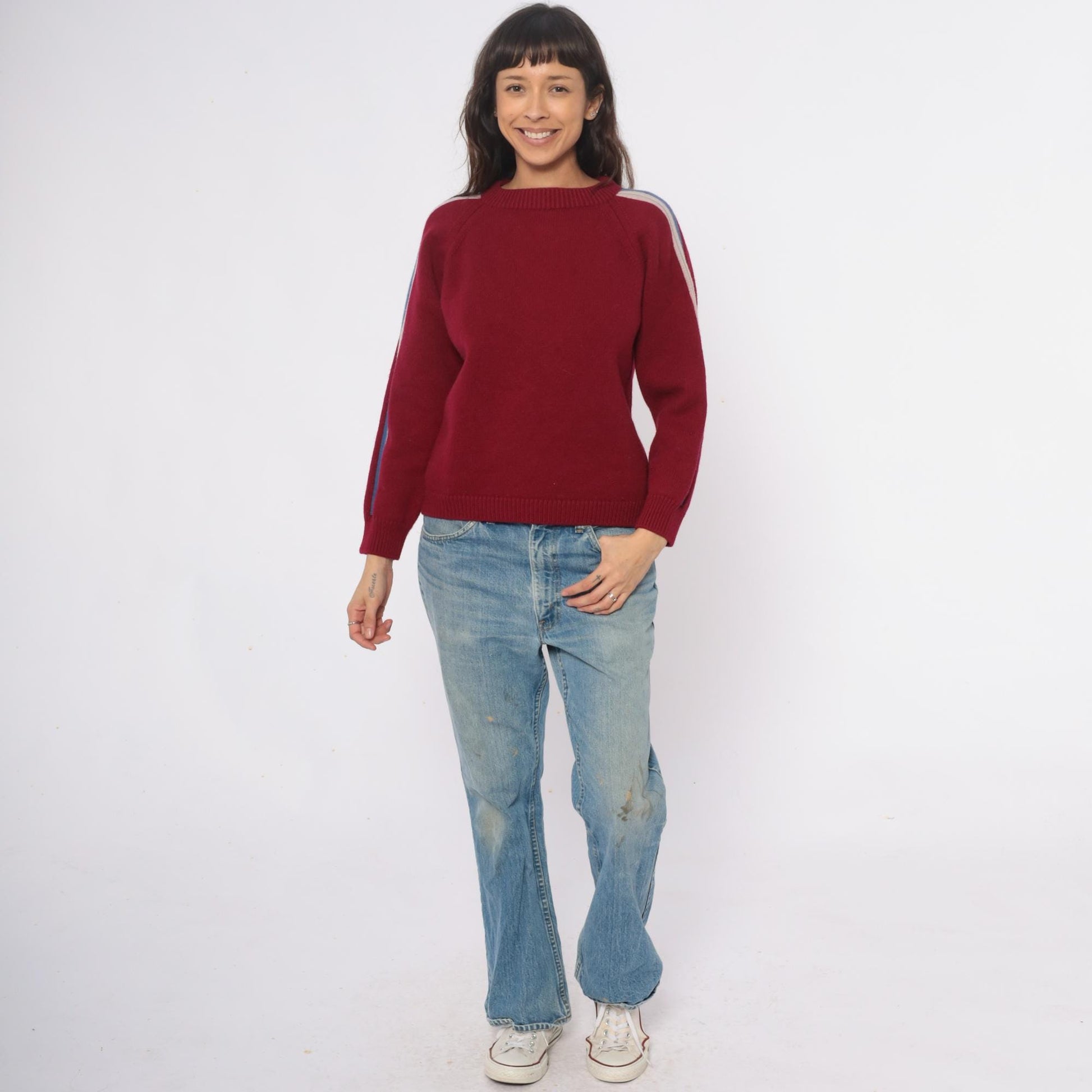 80s Cortina Burgundy Wool Sweater Stripe Raglan Crewneck Medium M