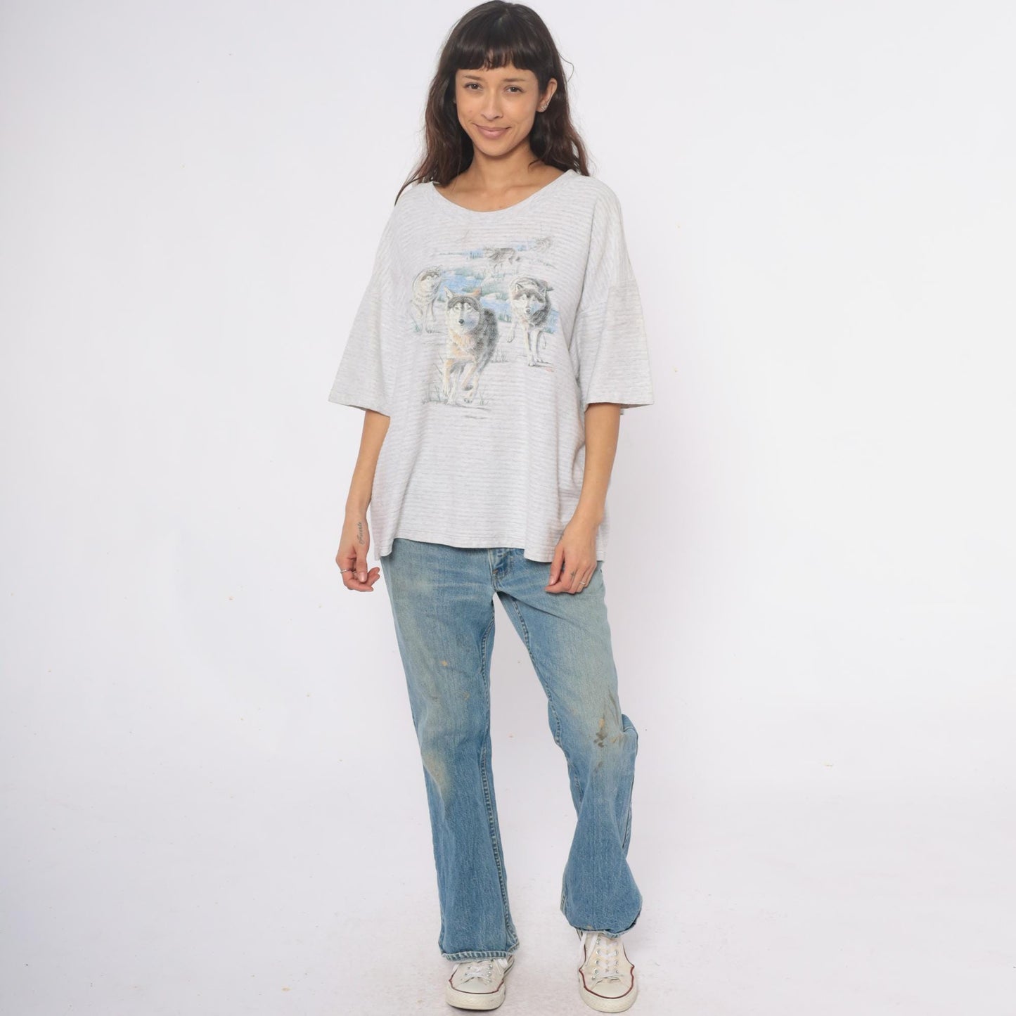 90s Wolf Graphic T-Shirt Grey Cotton V-Neck Animal Print Extra Large XL