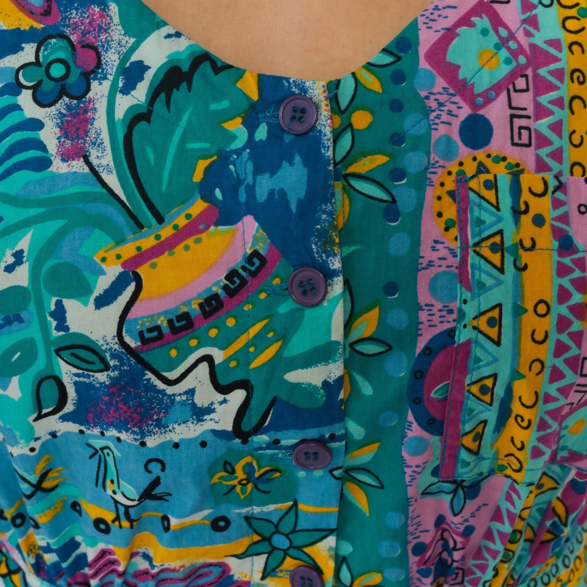90s Access Romper Turquoise Pink Yellow Geometric Floral Peace Print Medium
