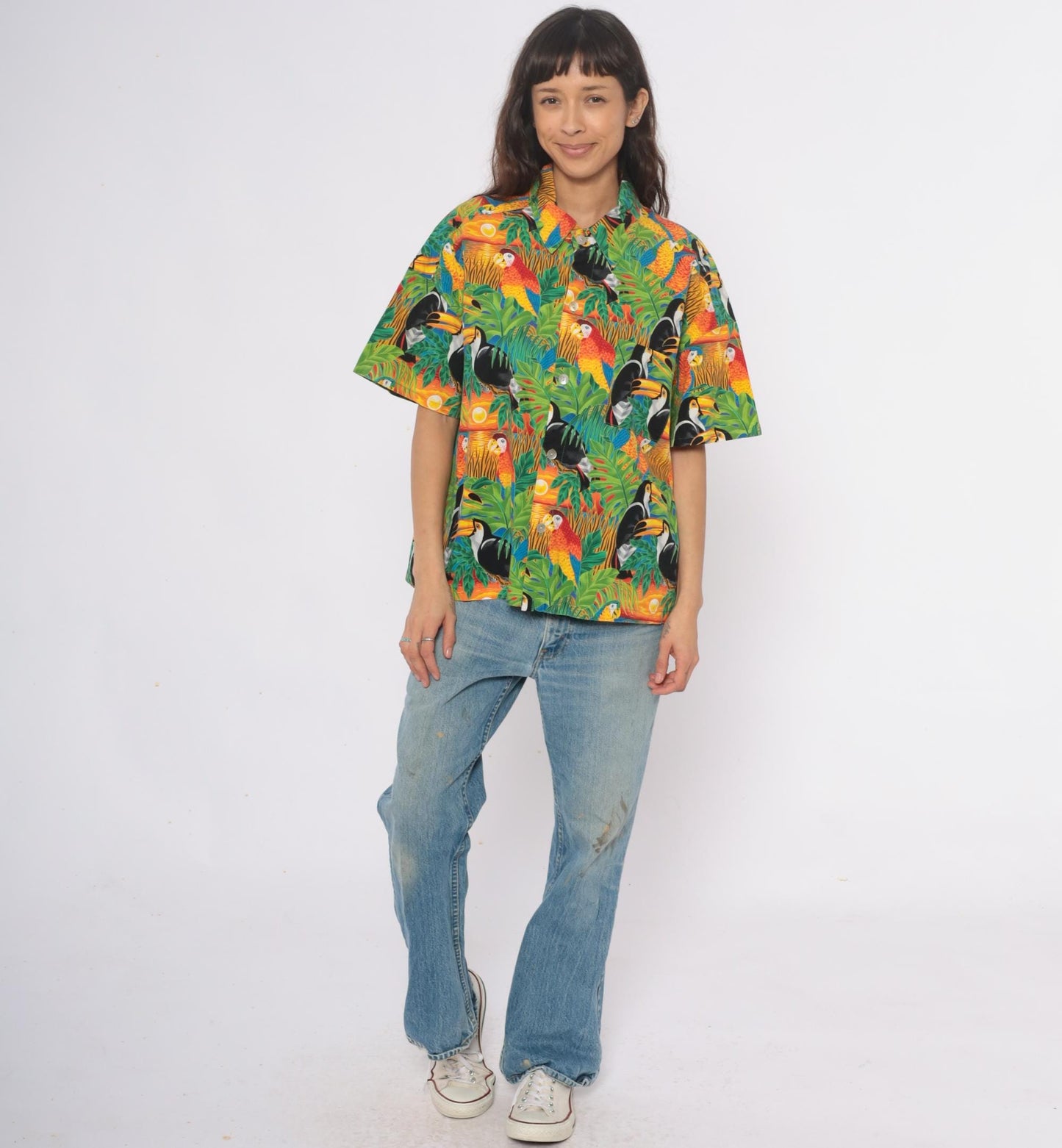 90s Hummingbird Tropical Bird Print Camp Collar Shirt Plus Size XXL