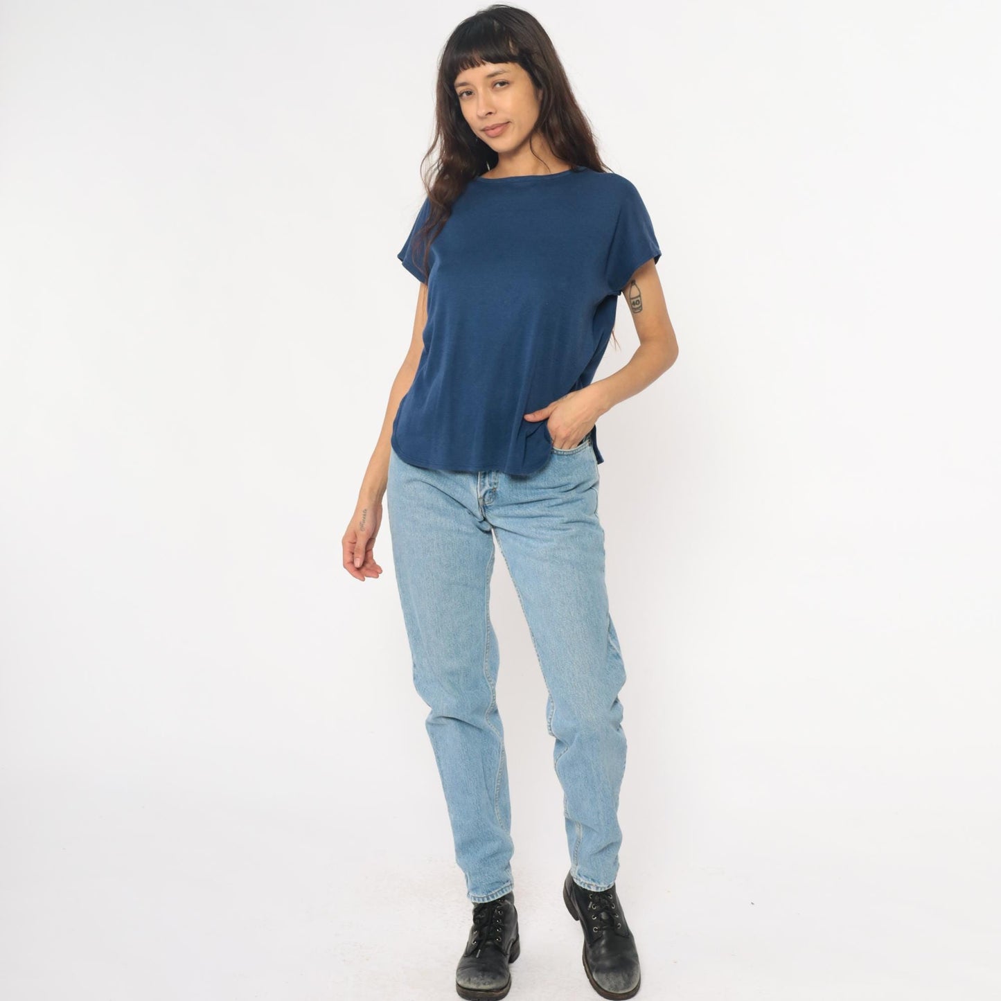 80s Navy Boat Neck T-Shirt Cotton Blend Short Sleeve Medium M