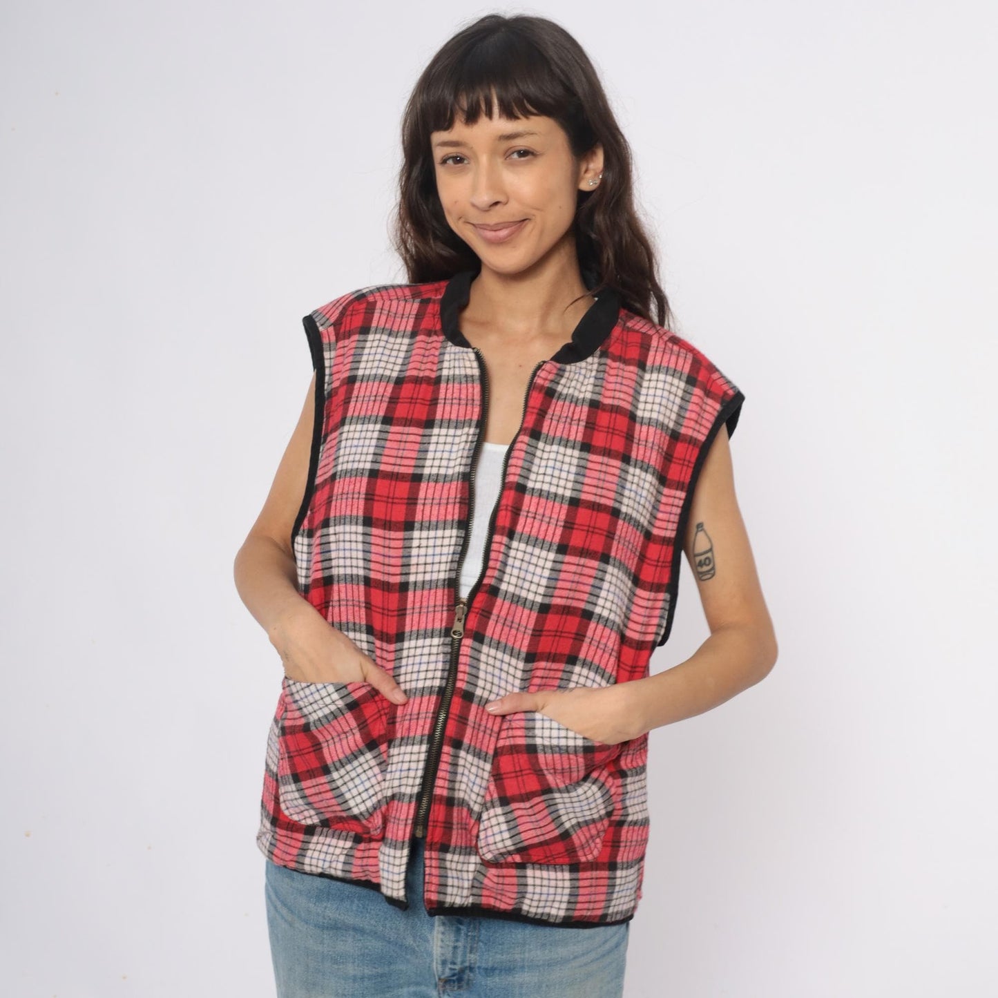 90s Marlboro Country Store Reversible Vest Black Plaid Cotton Large L