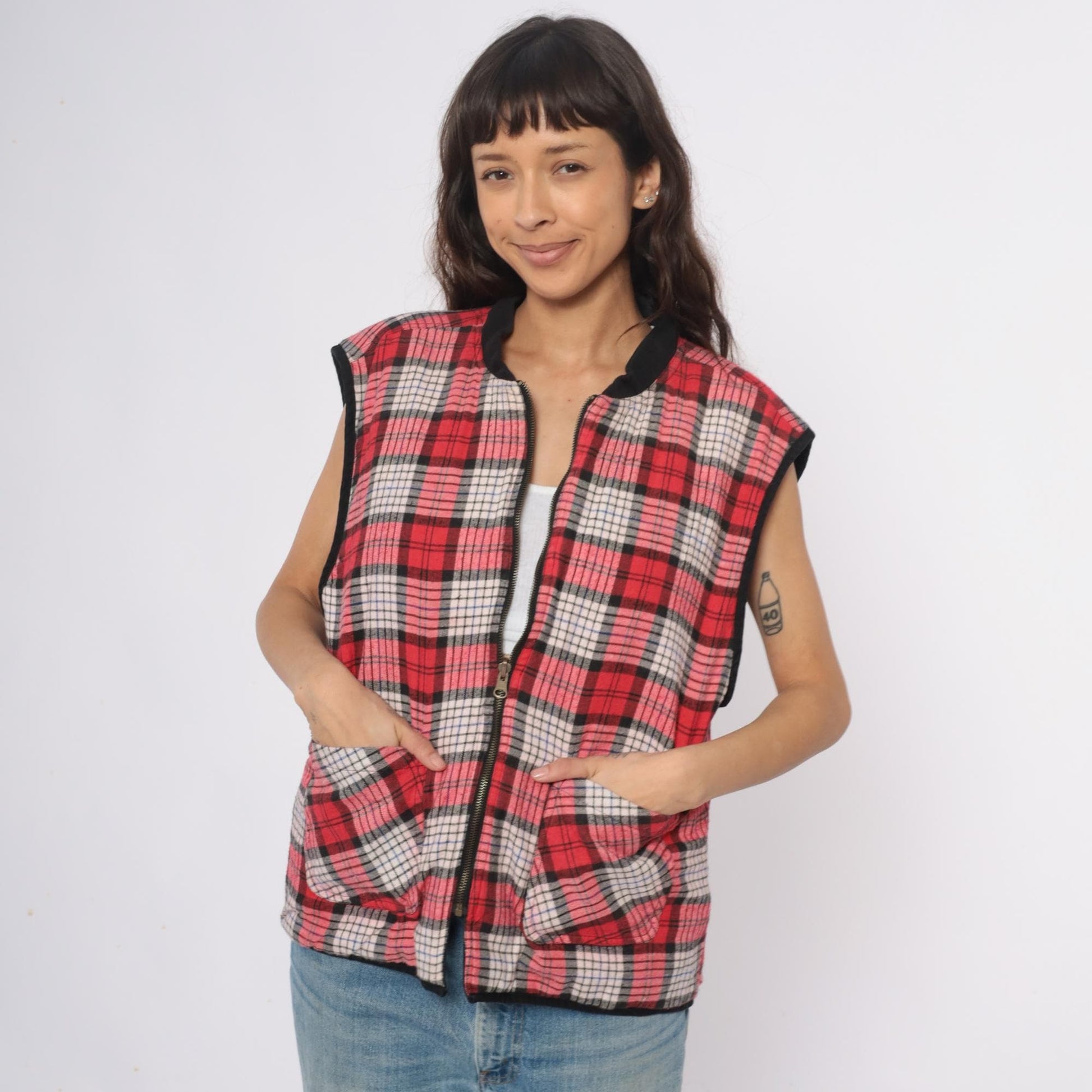 90s Marlboro Country Store Reversible Vest Black Plaid Cotton Large L
