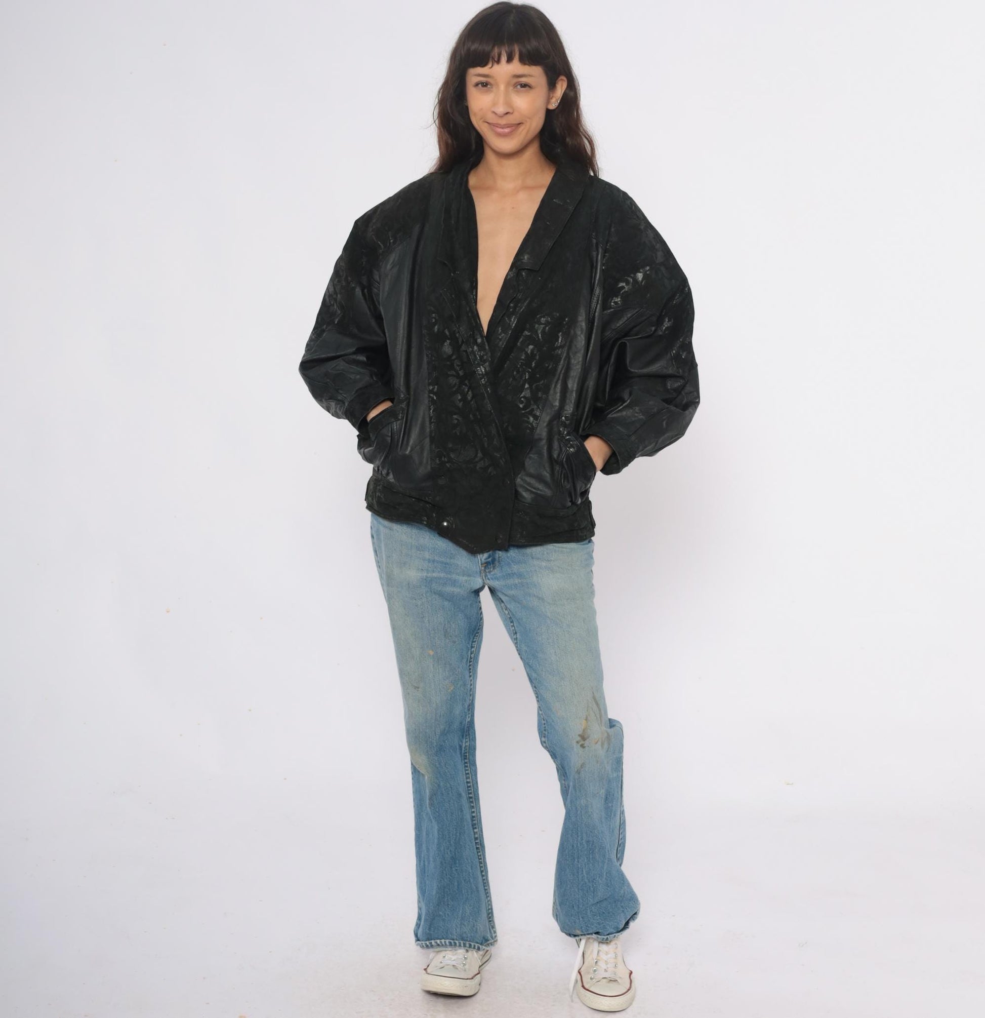90s Black Leather Bomber Jacket Embossed Shawl Collar Medium M