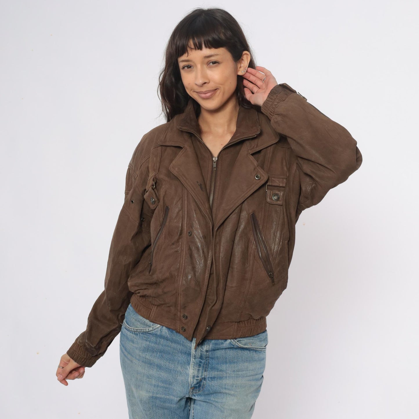 90s Wilsons Leather Brown Bomber Jacket Cropped Moto Zipper Small S