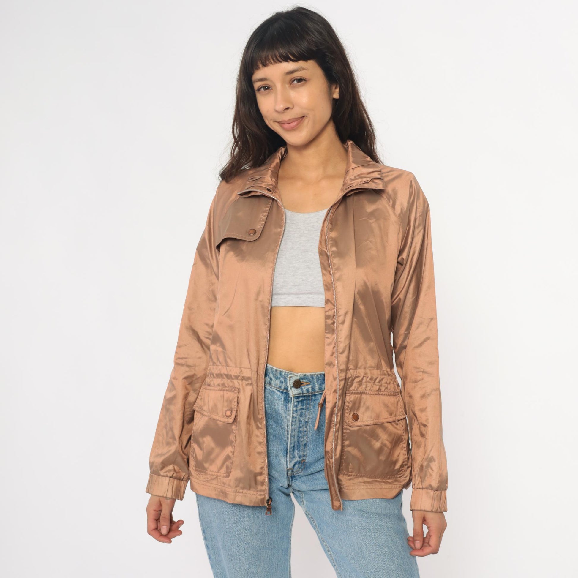 Y2K Tan Utility Jacket Snap Collar Cargo Pockets Zip Windbreaker Medium M