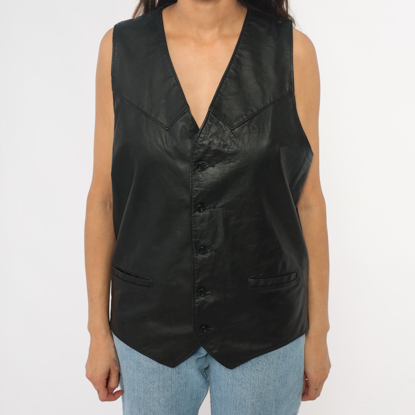 90s Black Leather Vest Notched Collar Button Front Menswear Extra Large XL
