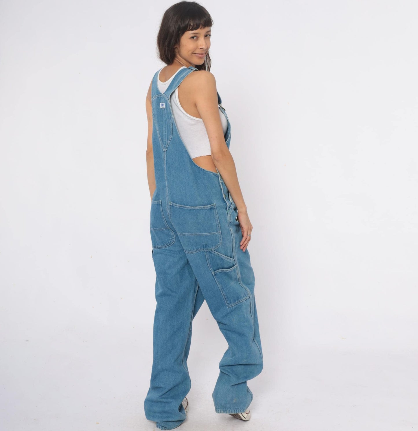 Y2K Liberty Light Blue Denim Overalls Green Stitching Carpenter Large L