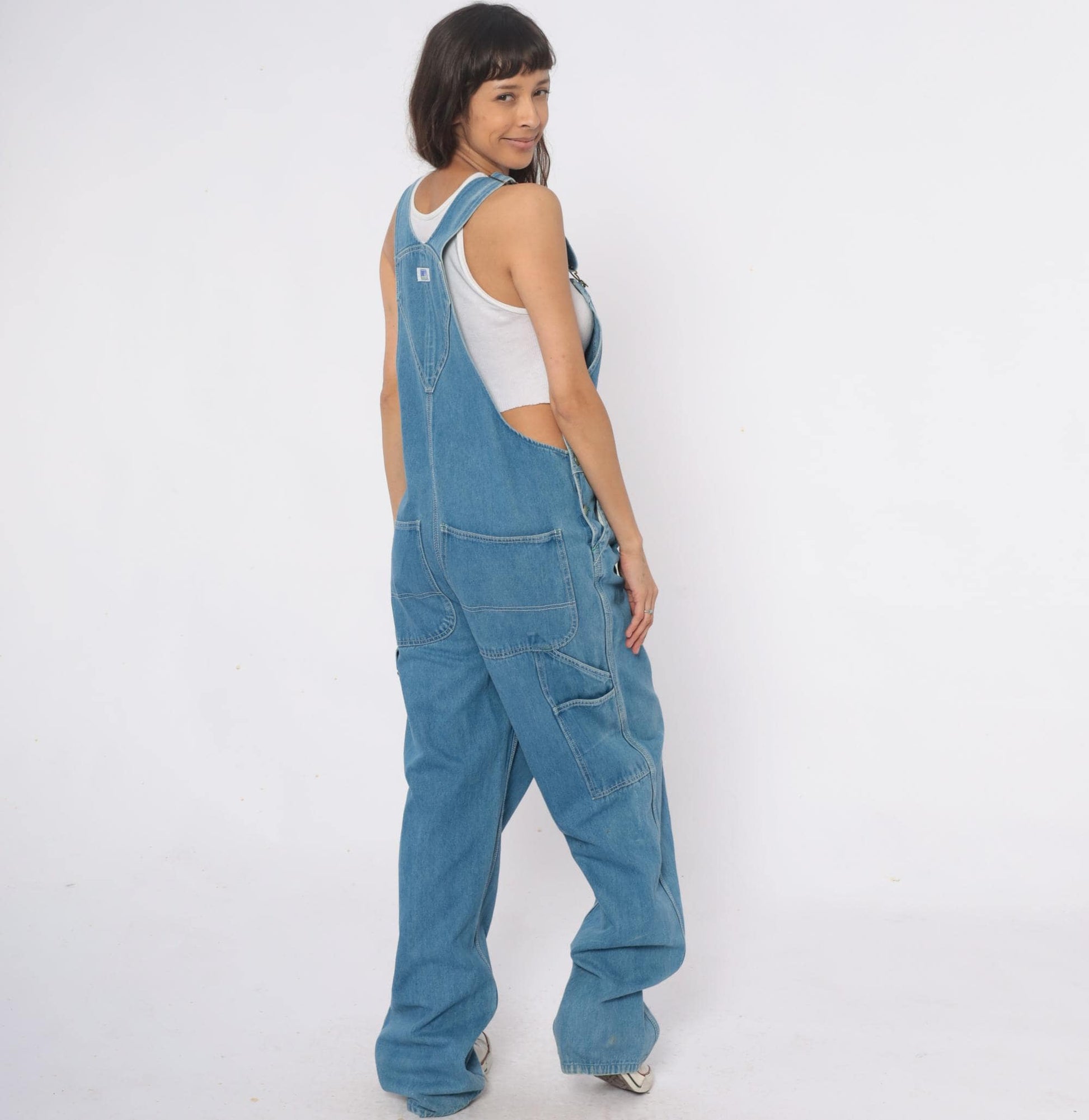 Y2K Liberty Light Blue Denim Overalls Green Stitching Carpenter Large L