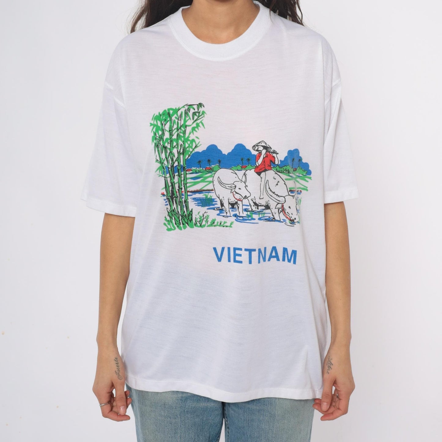 Y2K Vietnam Souvenir Graphic Tee Water Buffalo Rice Paddy White Cotton Extra Large