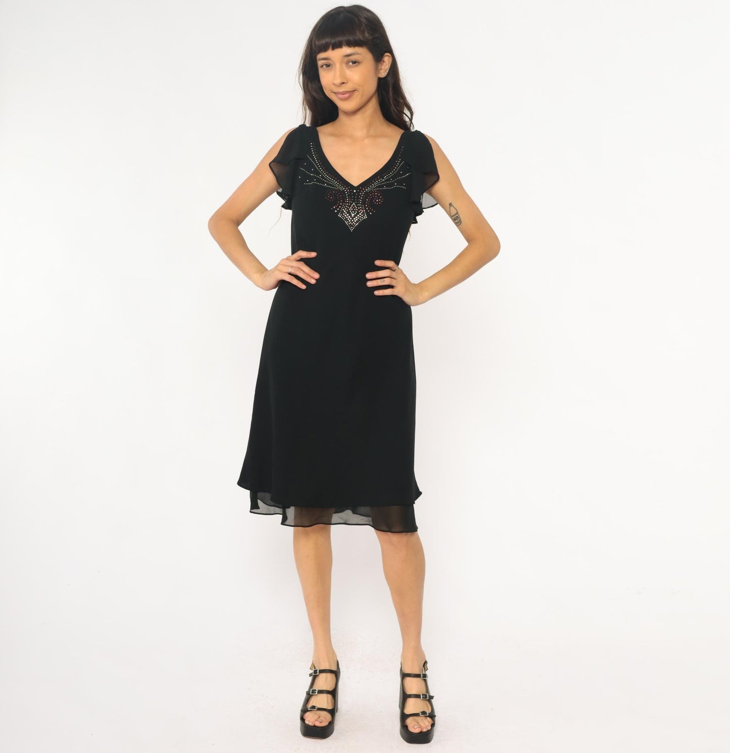 90s Sheri Martin Black Mini Dress Rhinestone V-Neck Cap Sleeve Medium