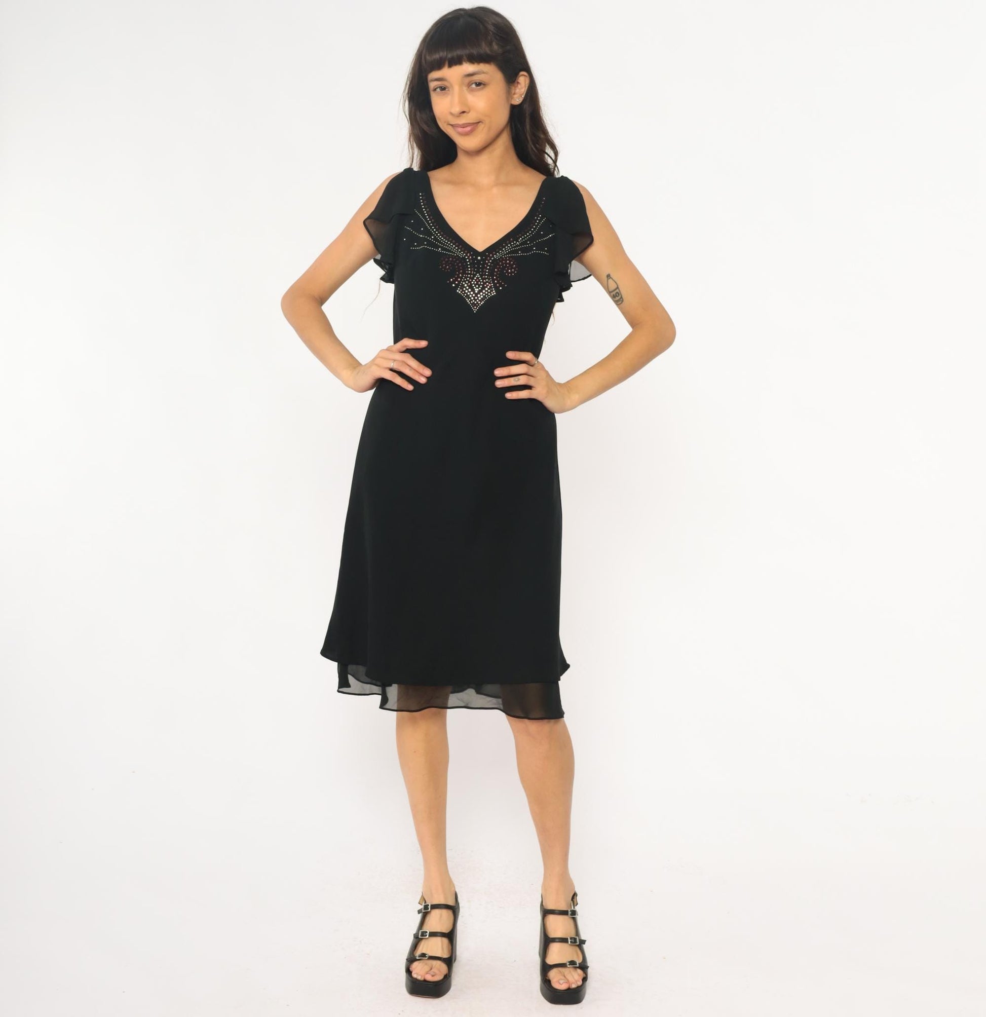 90s Sheri Martin Black Mini Dress Rhinestone V-Neck Cap Sleeve Medium