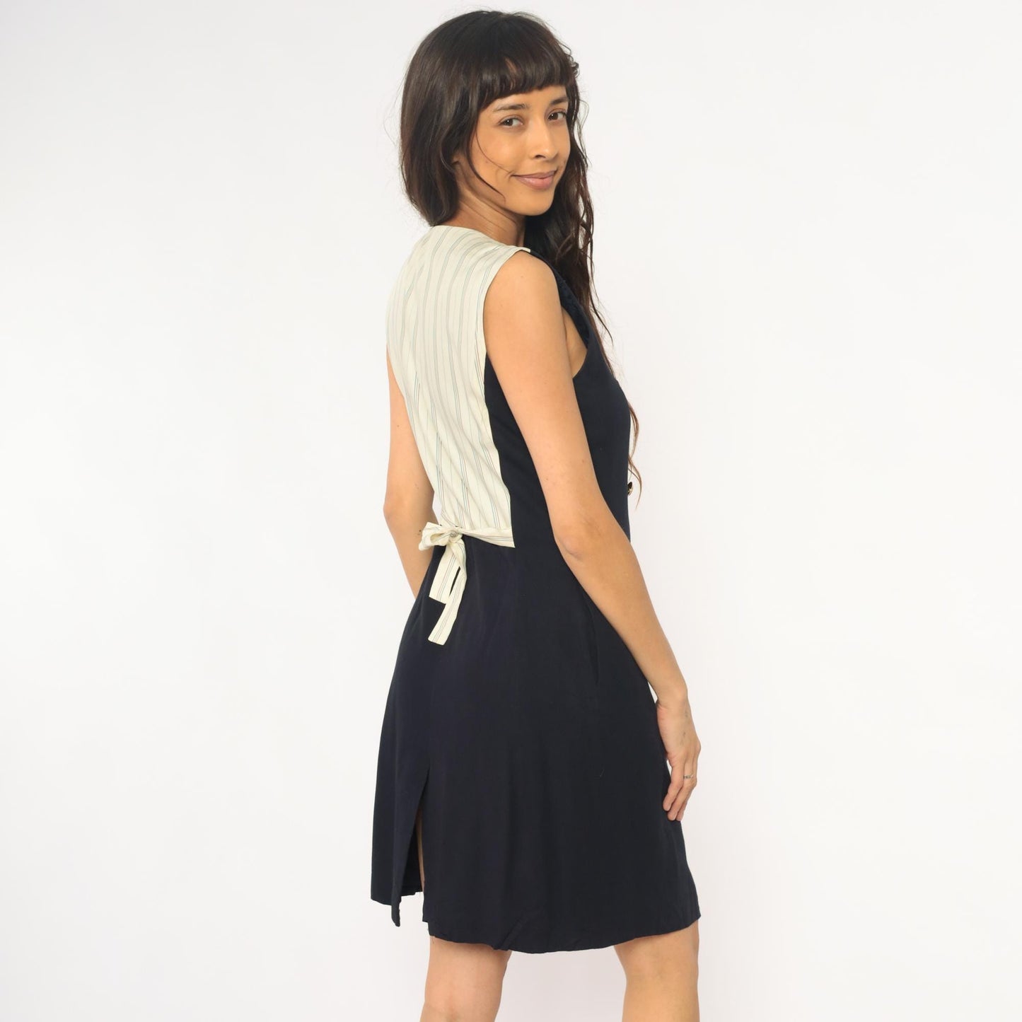 90s Liz Claiborne Navy Nautical Sleeveless Dress Gold Buttons Striped Back Medium