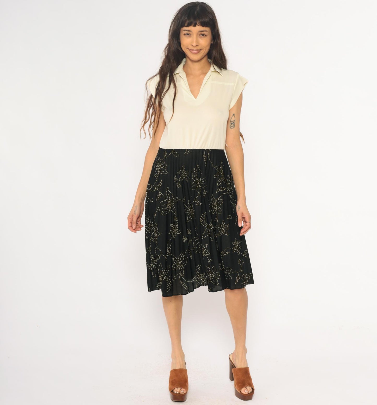80s Polo Collar Dress Cream Black Floral Colorblock Medium