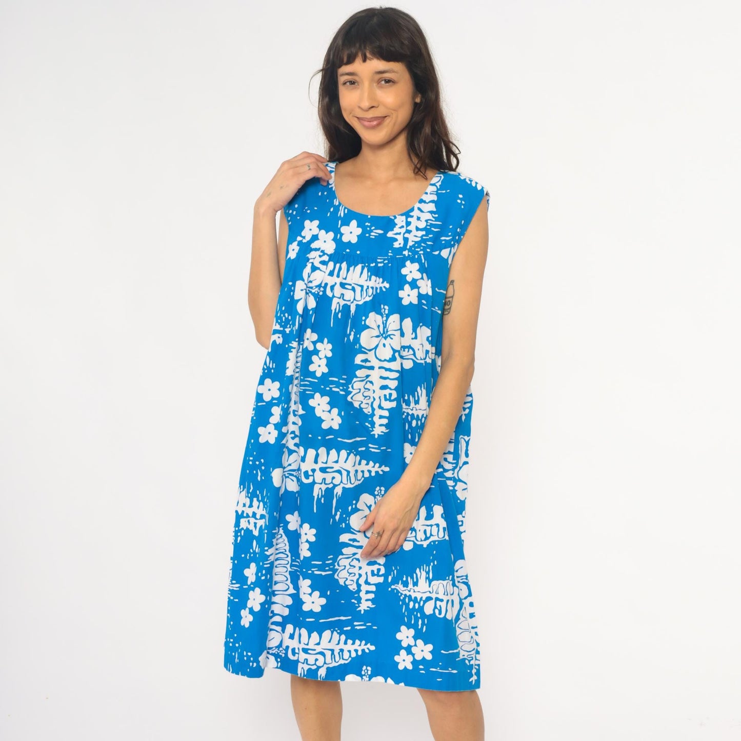 90s Hawaiian Tropical Floral Empire Waist Dress Blue Cotton Knee Length Medium