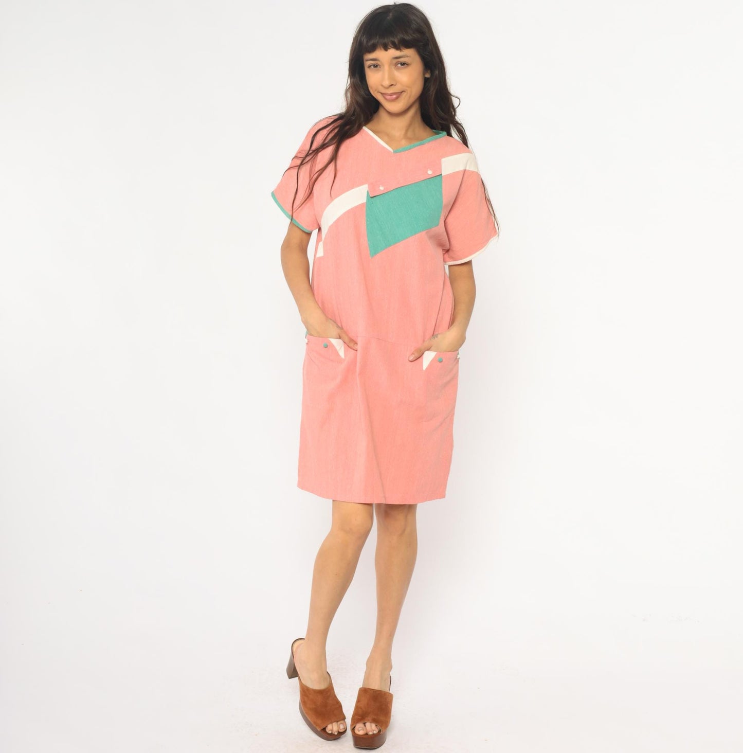 90s Colorblock Shift Dress Coral Pink Teal Geometric Pockets Knee Length Large L