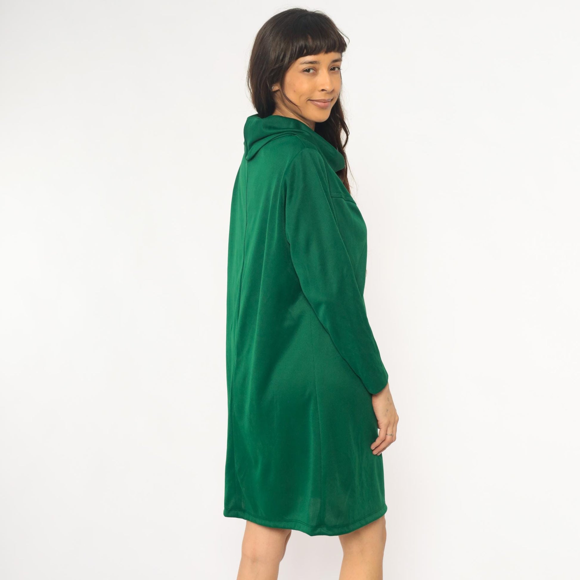 70s Sears Green Velvet Cowl Neck Dress Chevron Knee-Length Extra Large