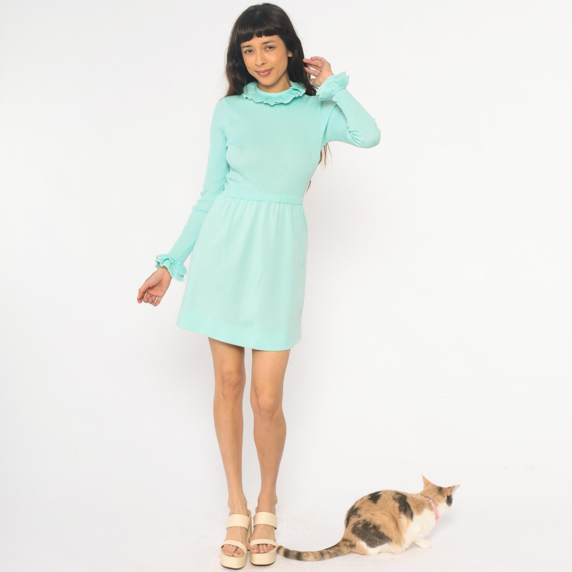 70s Mint Mini Dress Ribbed Knit Bodice Ruffled Collar Long Sleeve Extra Small XS