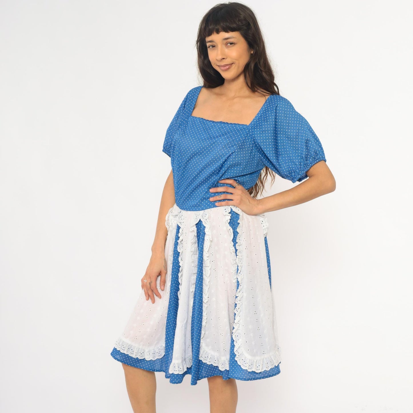 80s Blue Polka Dot Square Dance Dress Puff Sleeve Eyelet Lace Mini Large
