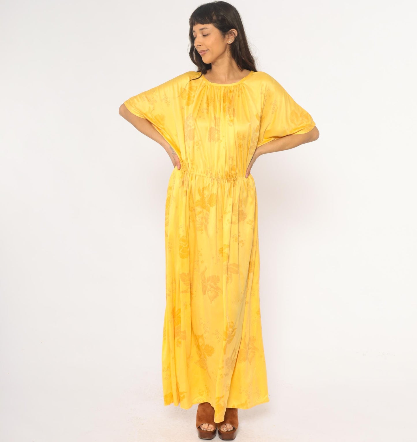 70s Yellow Floral Maxi Dress Flutter Sleeve Gathered Waist Medium Large