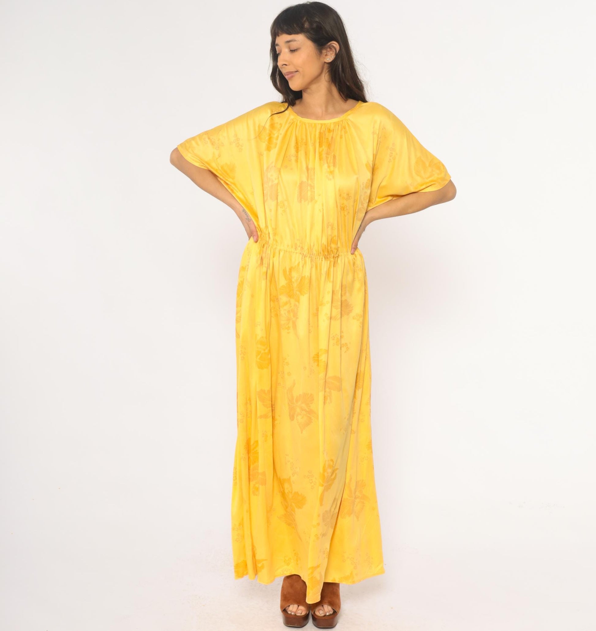 70s Yellow Floral Maxi Dress Flutter Sleeve Gathered Waist Medium Large