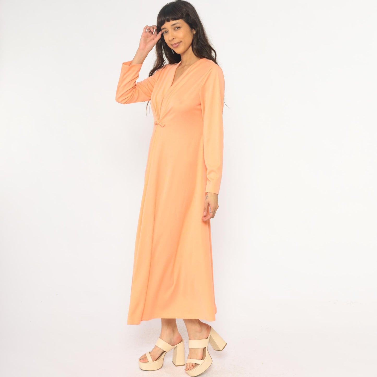70s Lily Lynn Peach Maxi Dress Long Sleeve V-Neck Wrap Bodice Medium