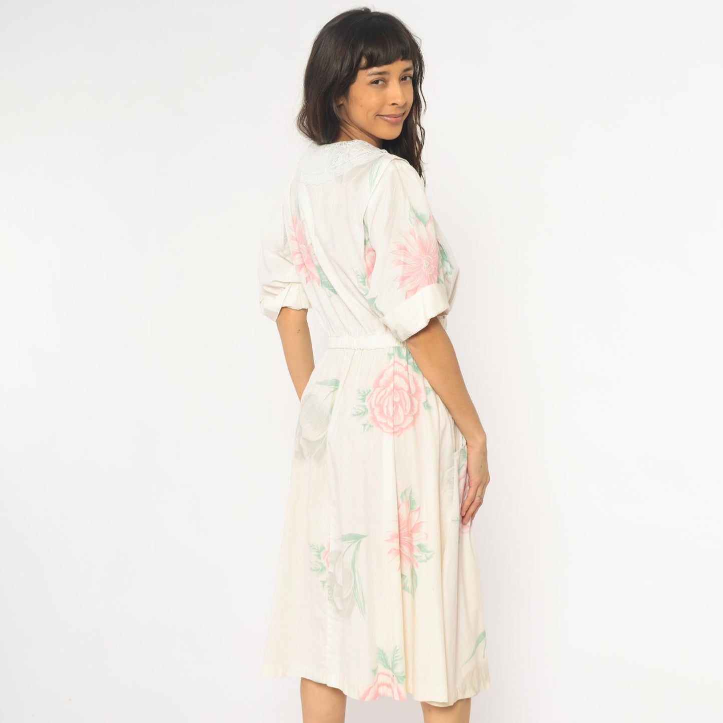 80s Floral Midi Dress Cream Pink Rose Print Cotton Eyelet Lace Medium