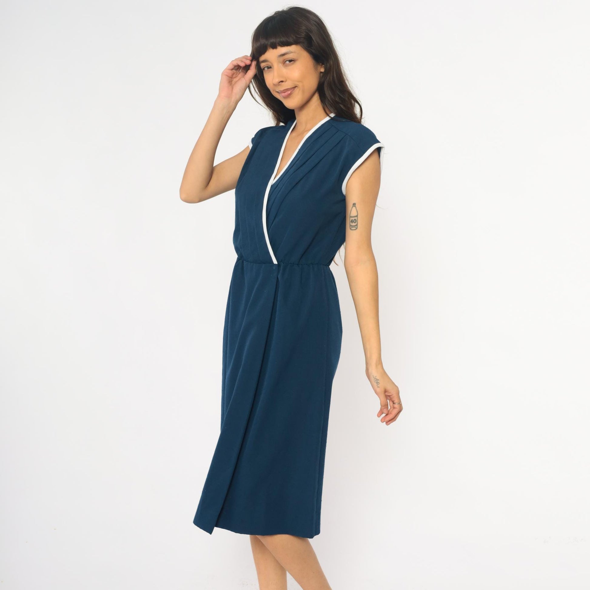 80s Toni Todd Navy Wrap Dress White Trim Cap Sleeve Midi Small Medium