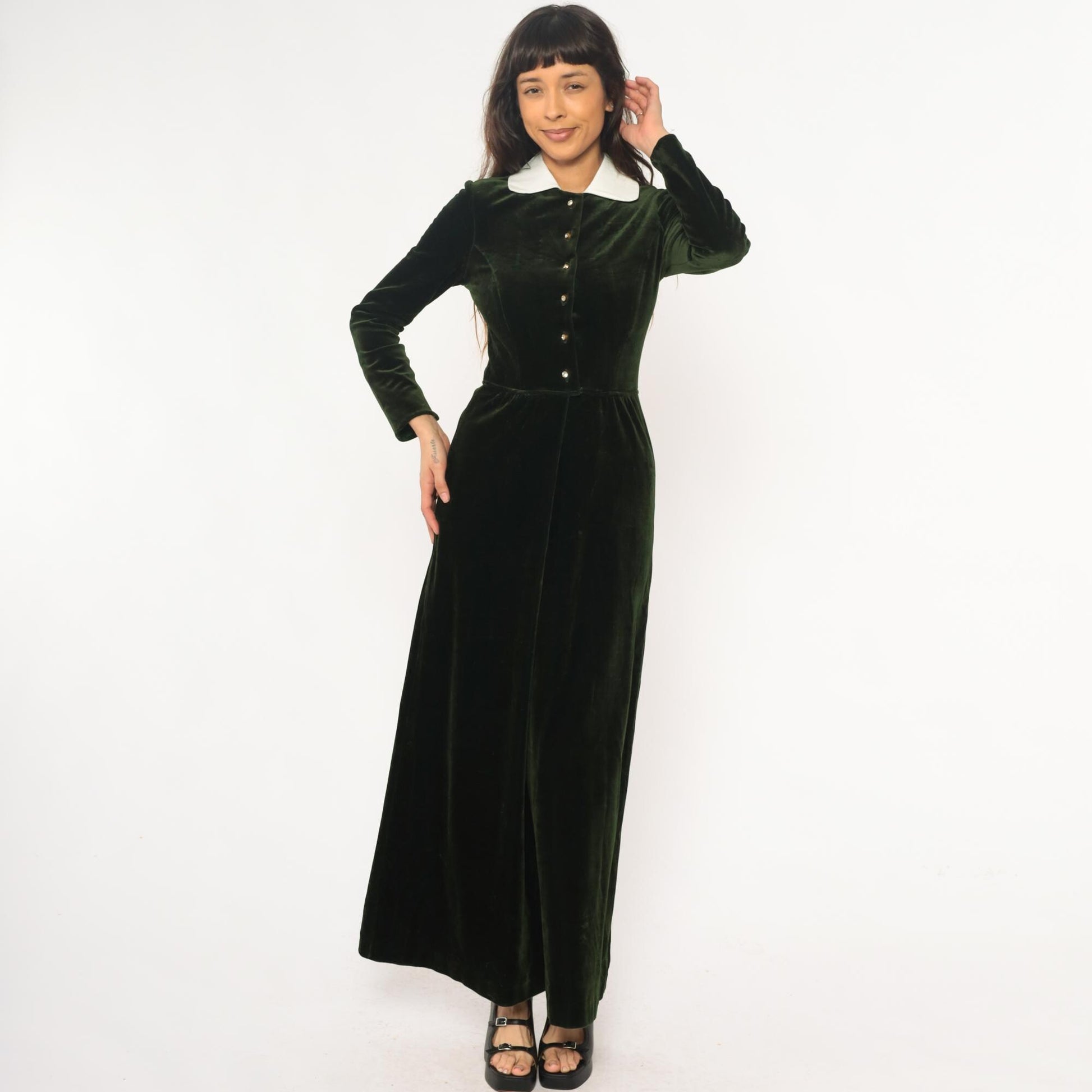 70s Dark Emerald Velvet Maxi Dress White Collar Long Sleeve Extra Small
