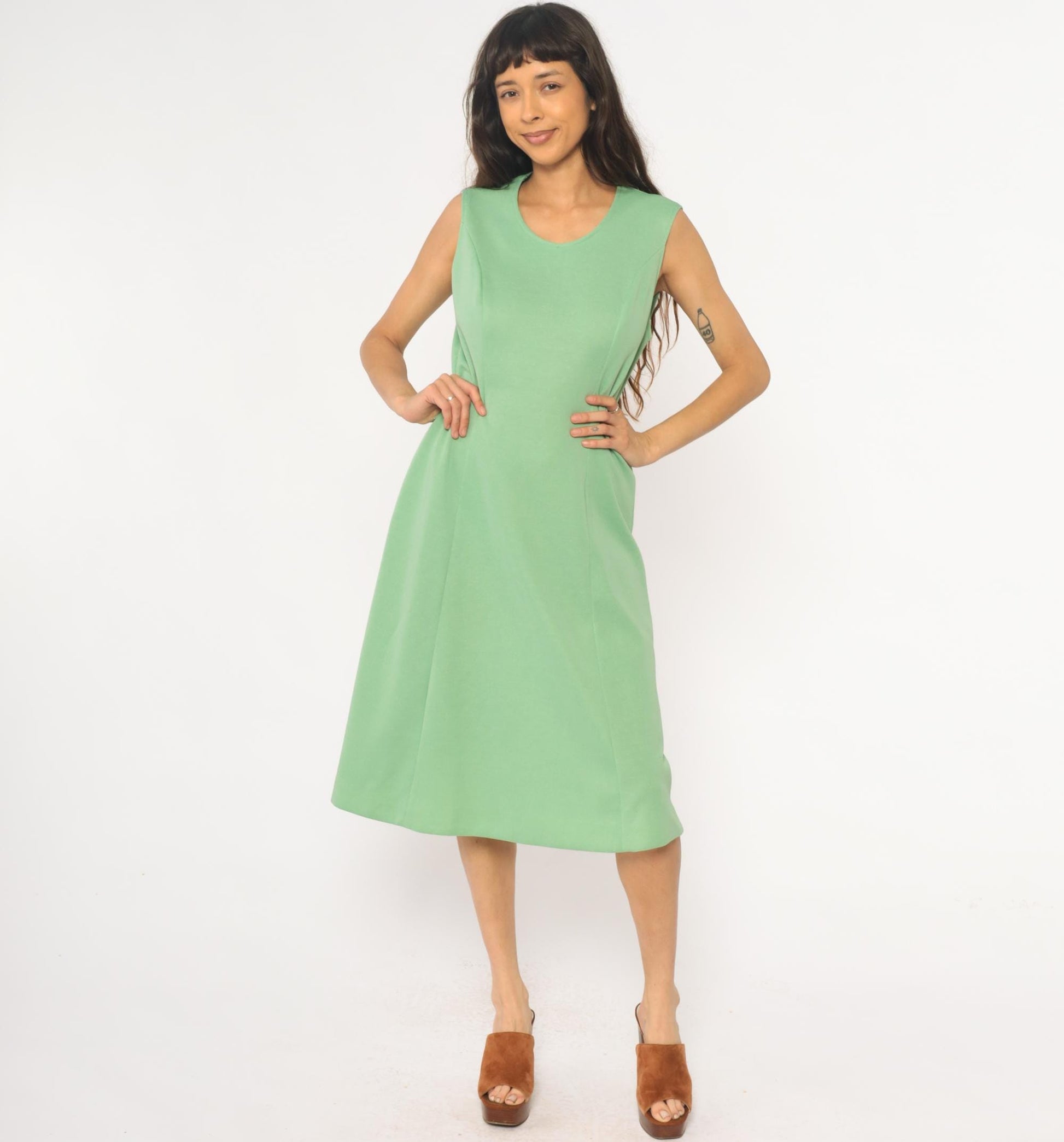70s Mint Green Sleeveless A-Line Dress Scoop Neck Knee Length Large L