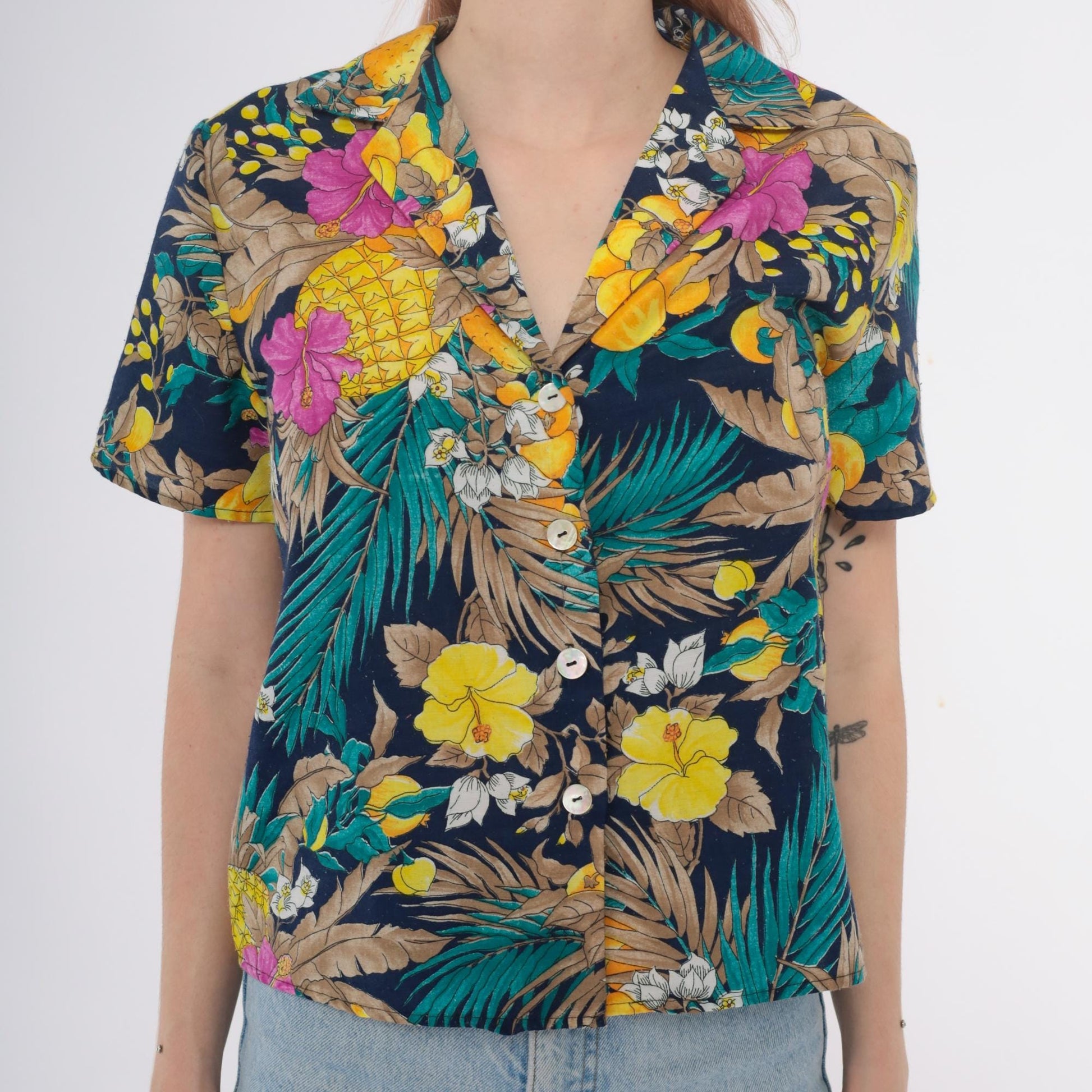 90s So What Hawaiian Shirt Navy Tropical Floral Pineapple Small