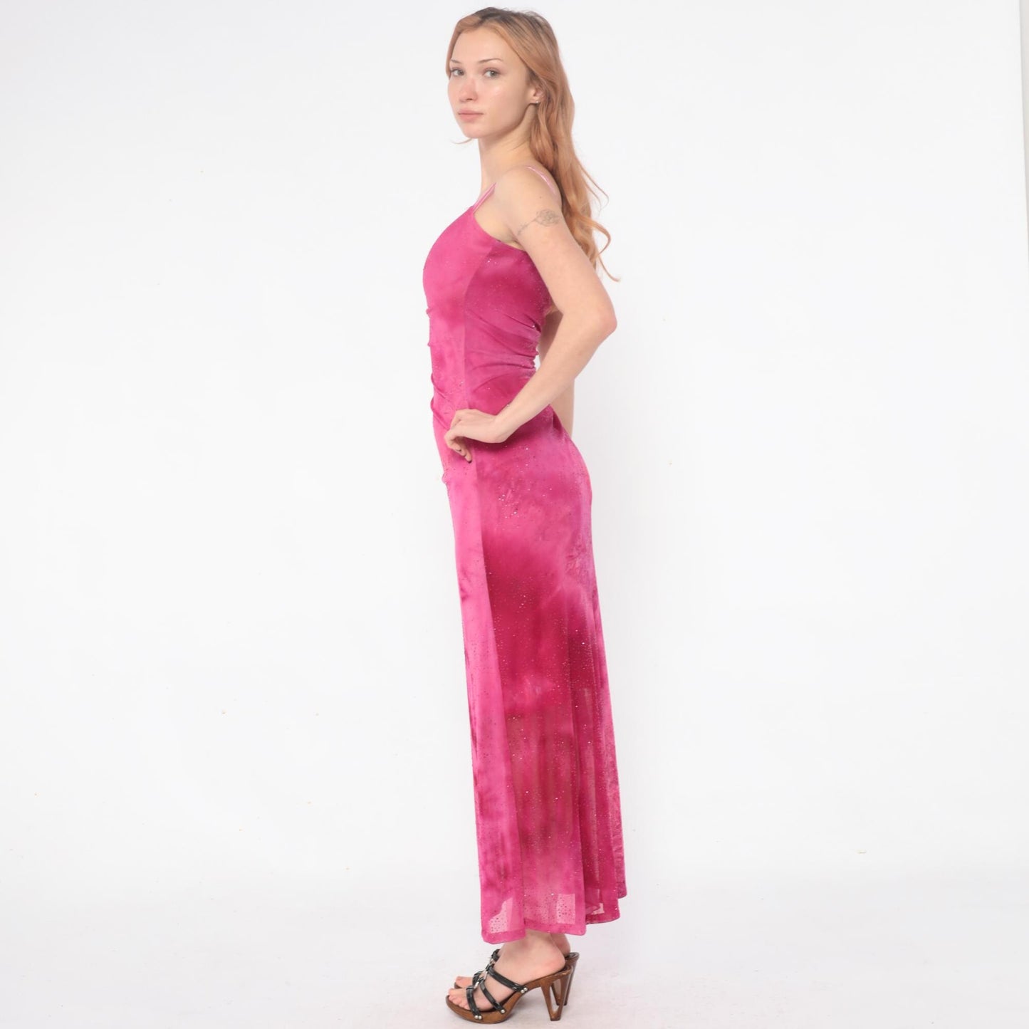 Y2K Hot Pink Sparkle Maxi Dress Ruched Spaghetti Strap Extra Small