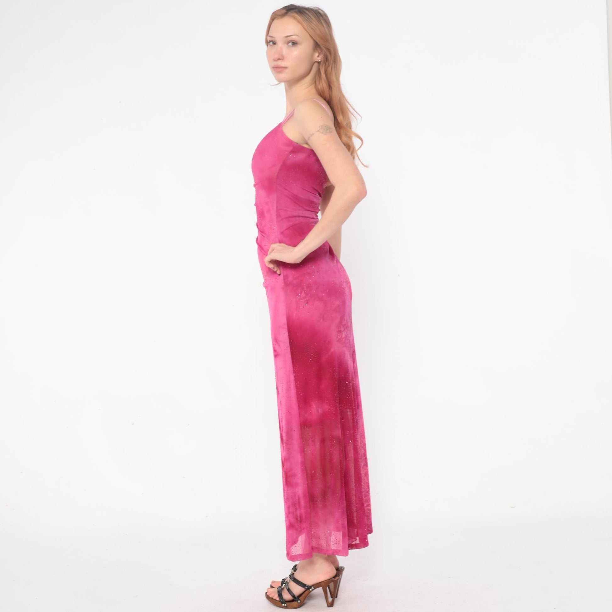 Y2K Hot Pink Sparkle Maxi Dress Ruched Spaghetti Strap Extra Small