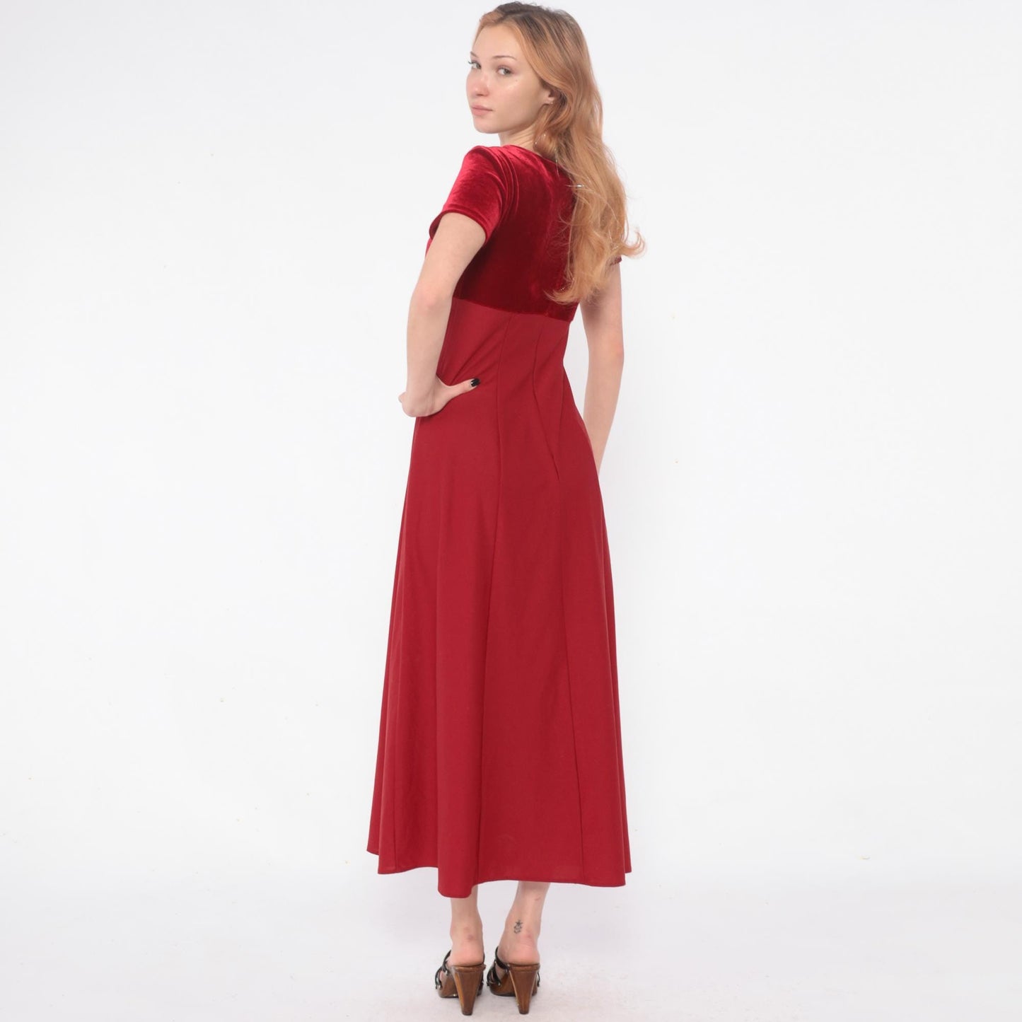 Y2K Burgundy Velvet Maxi Dress Empire Waist Color Block Small S