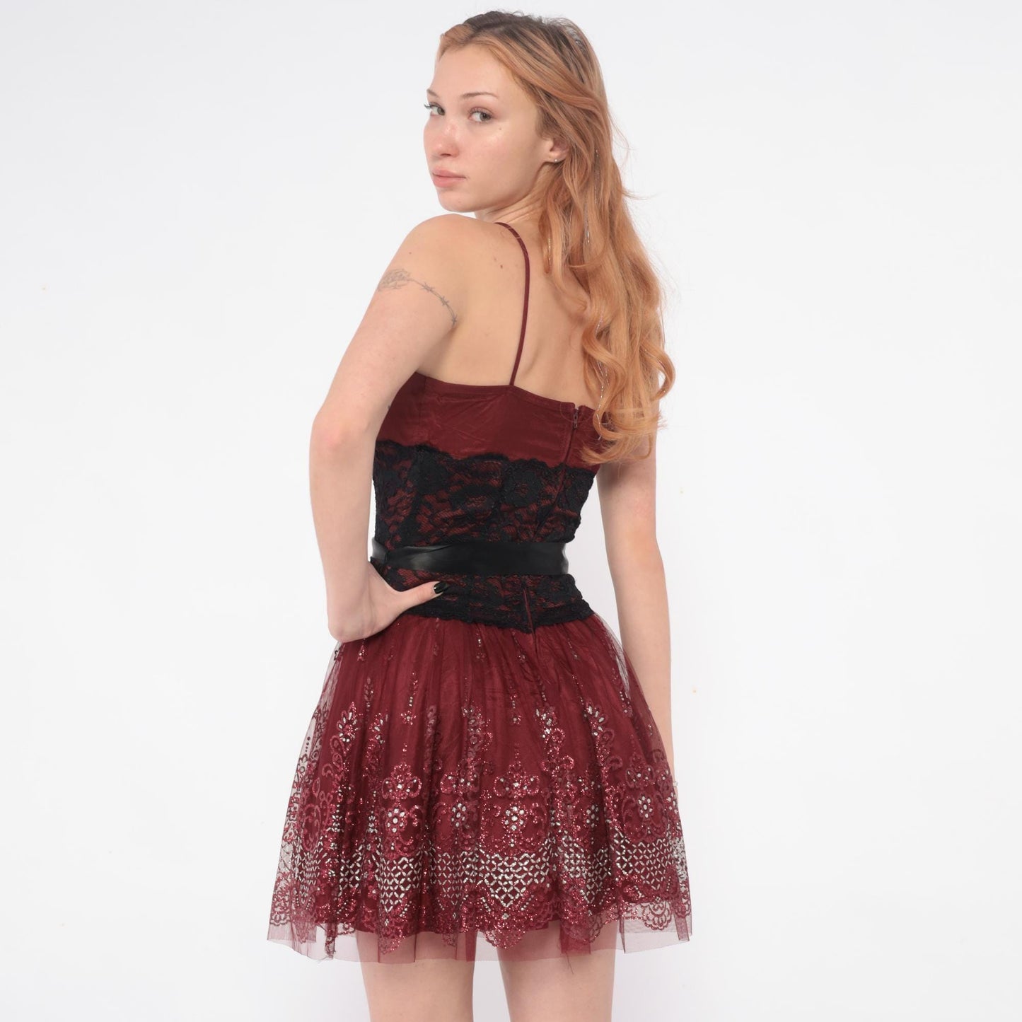Y2K Burgundy Mini Dress Sequin Lace Spaghetti Strap Small