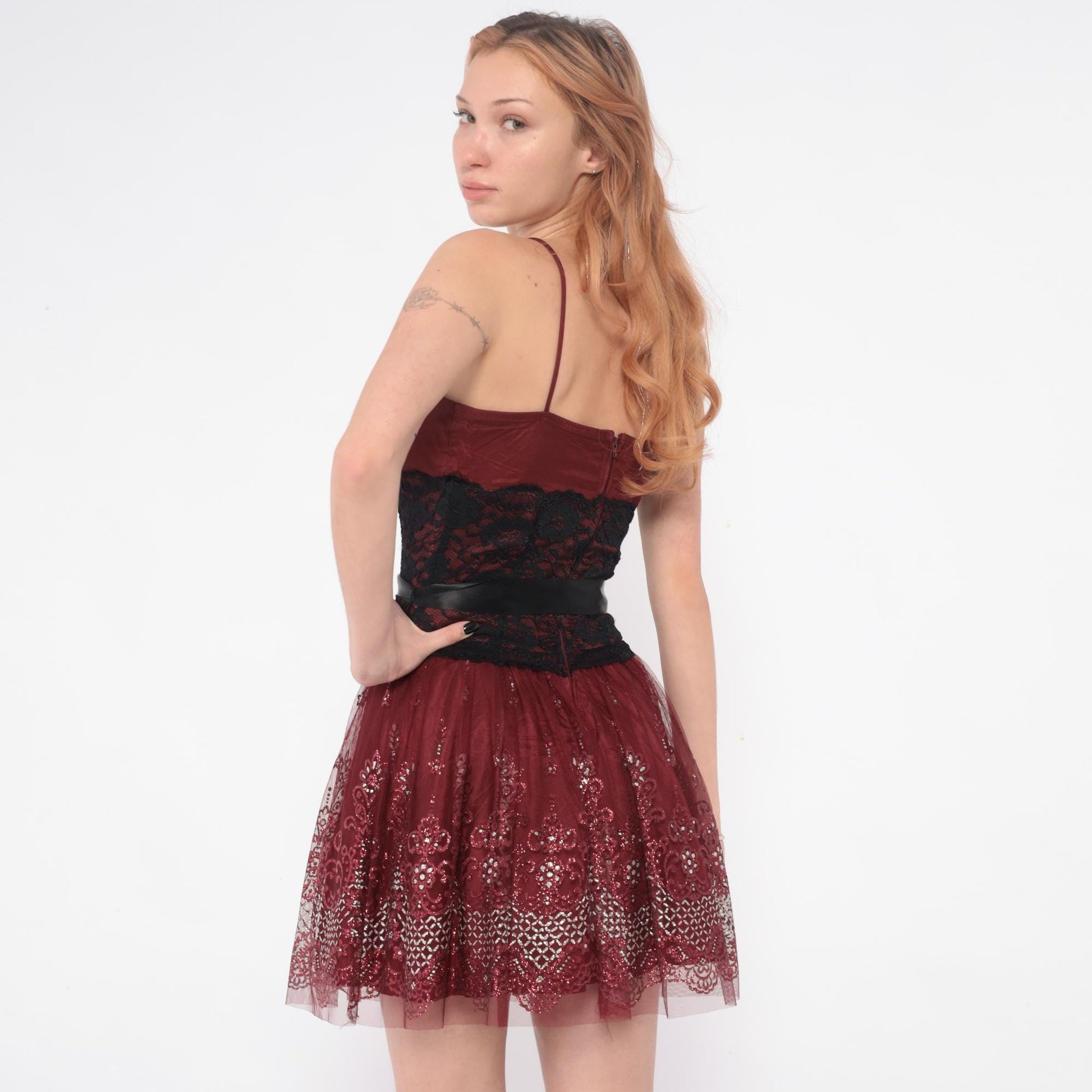 Y2K Burgundy Mini Dress Sequin Lace Spaghetti Strap Small