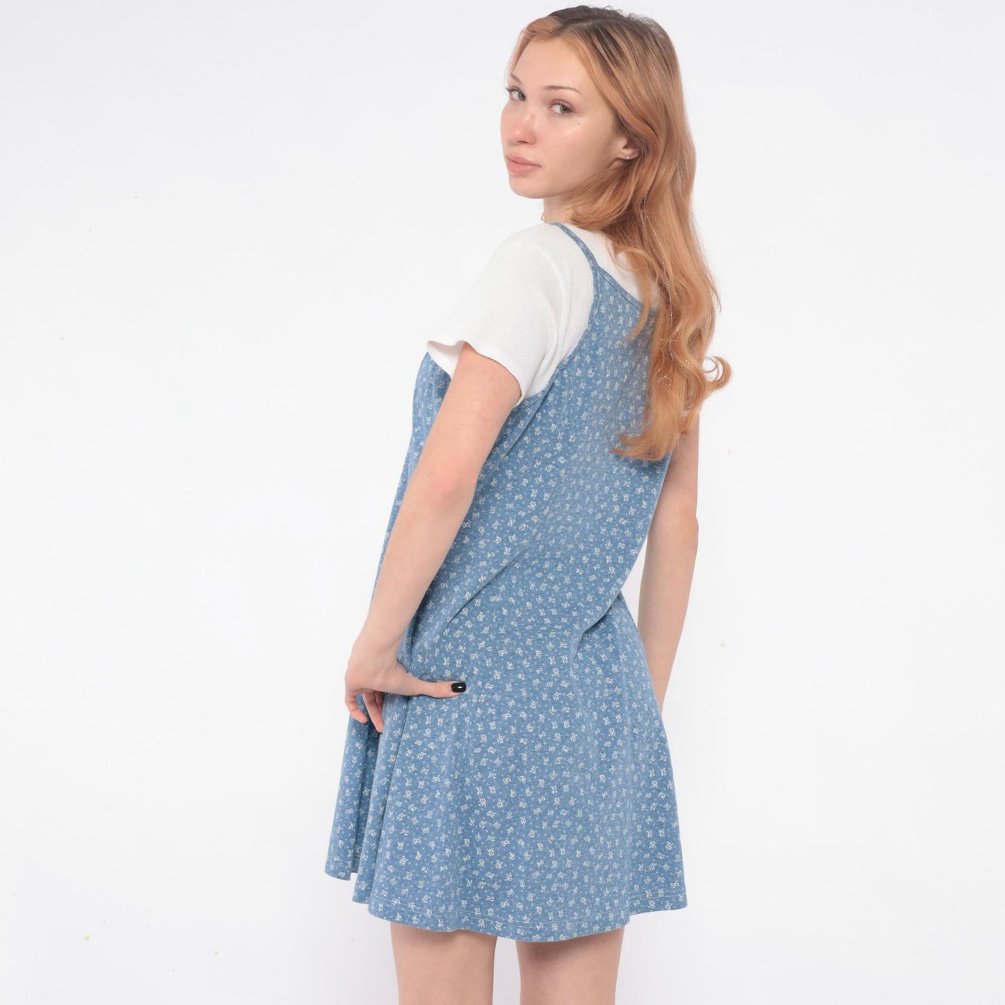 90s Blue Floral Mini Dress Maggie Lawrence Spaghetti Strap Sundress Large L
