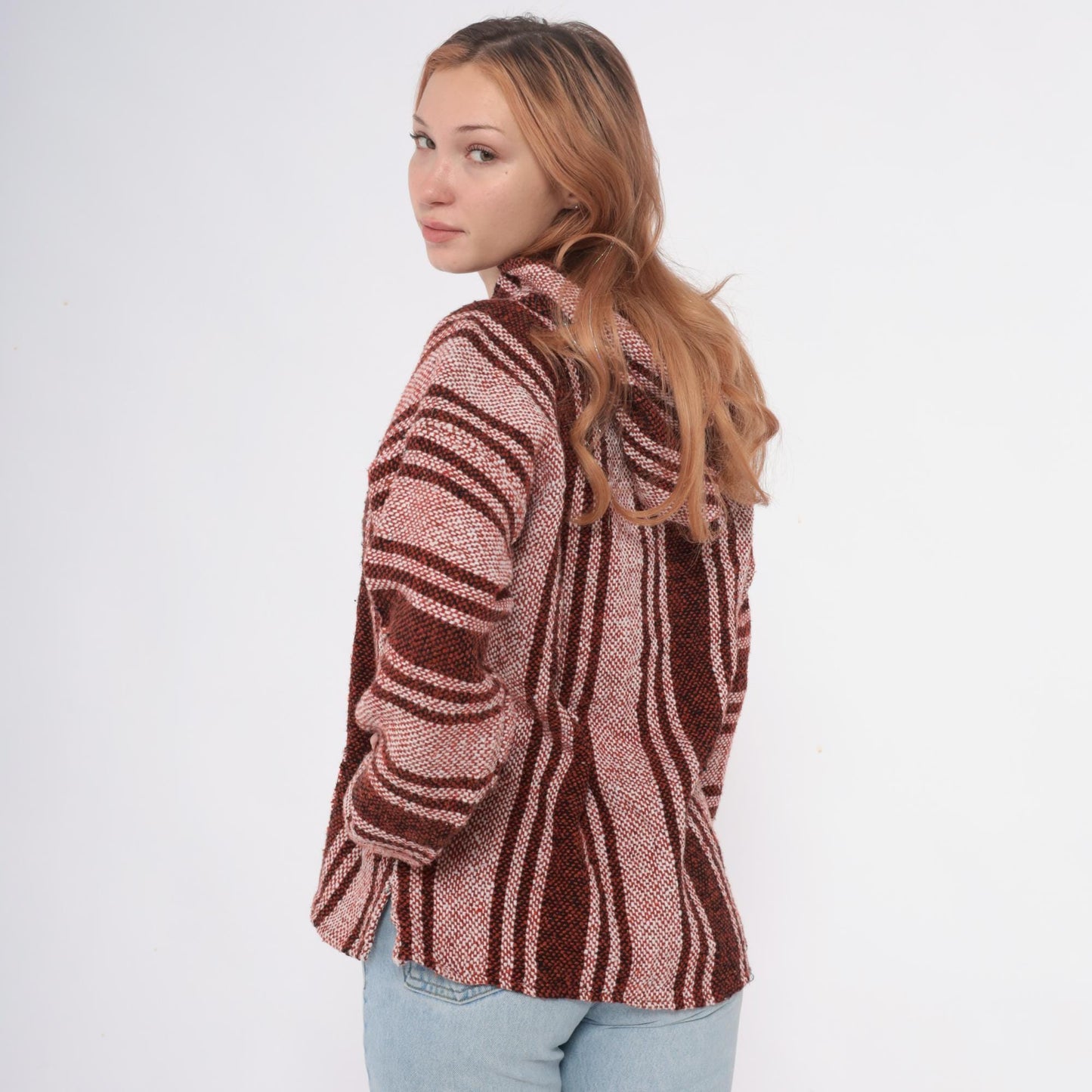 Y2K Baja Hoodie Brown Tan Striped Woven Pullover Kangaroo Pocket Medium M